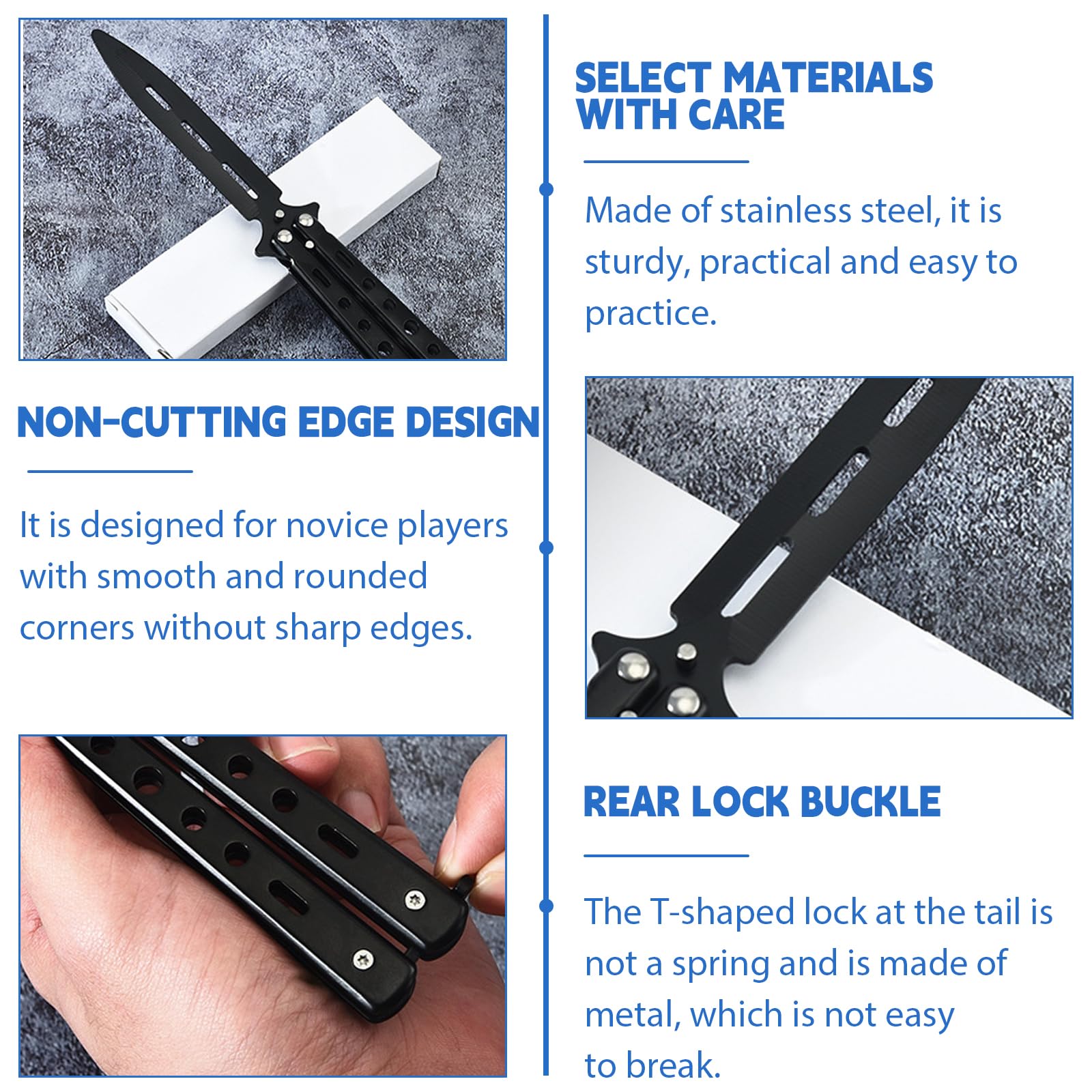 GBKDQQ Ensemble de 4 couteaux papillon, couteau d'entraînement papillon avec lame non affûtée, peigne papillon en acier inoxydable, couteau papillon, figures de balisong pour débutants et adultes
