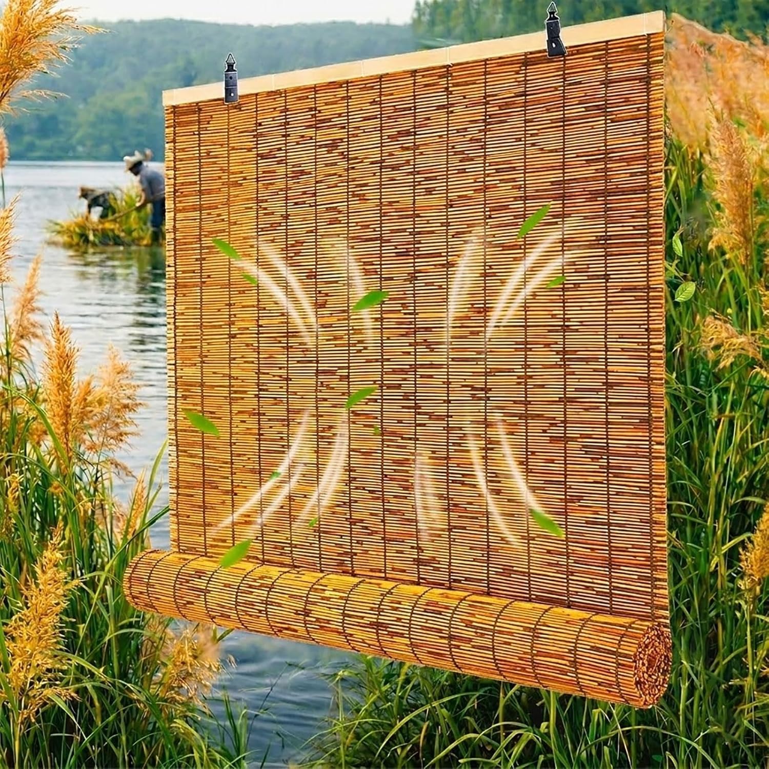 Bamboo Shades for Outdoor Patio Privacy 48" 52" 58" 68" 72" 74" 76" 78" W Light Filtering Bamboo Blinds Outdoor Roll up Shades for Porch Cordless Natural Blackout Bamboo Roller Blinds(74" W x 64" H)