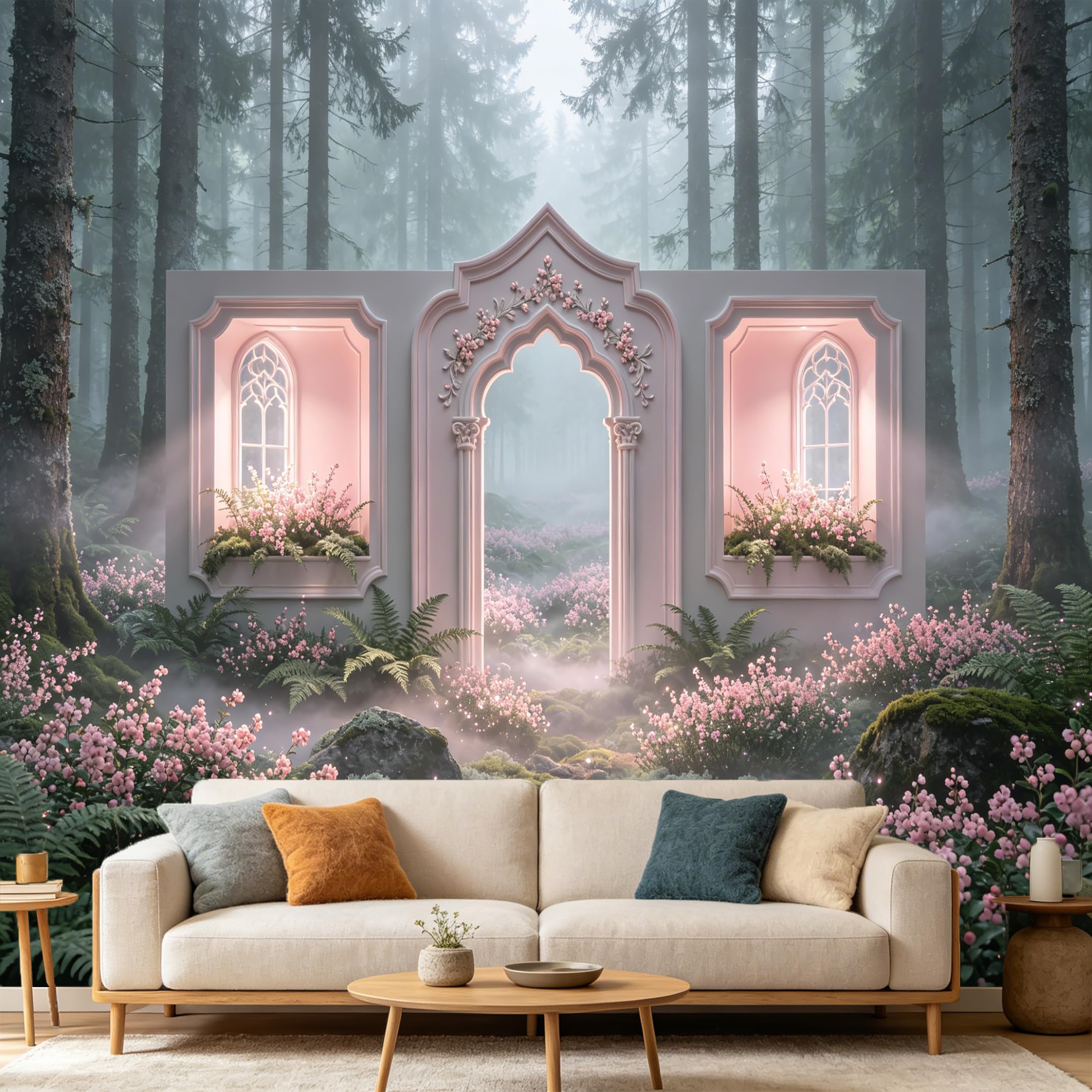 Custom Size Wall Mural， Misty Forest Archway Pink Floral Botanical Garden， SelfAdhesive Art Prints wall Fabric Removable Large Wallpaper Home Living Room Decor