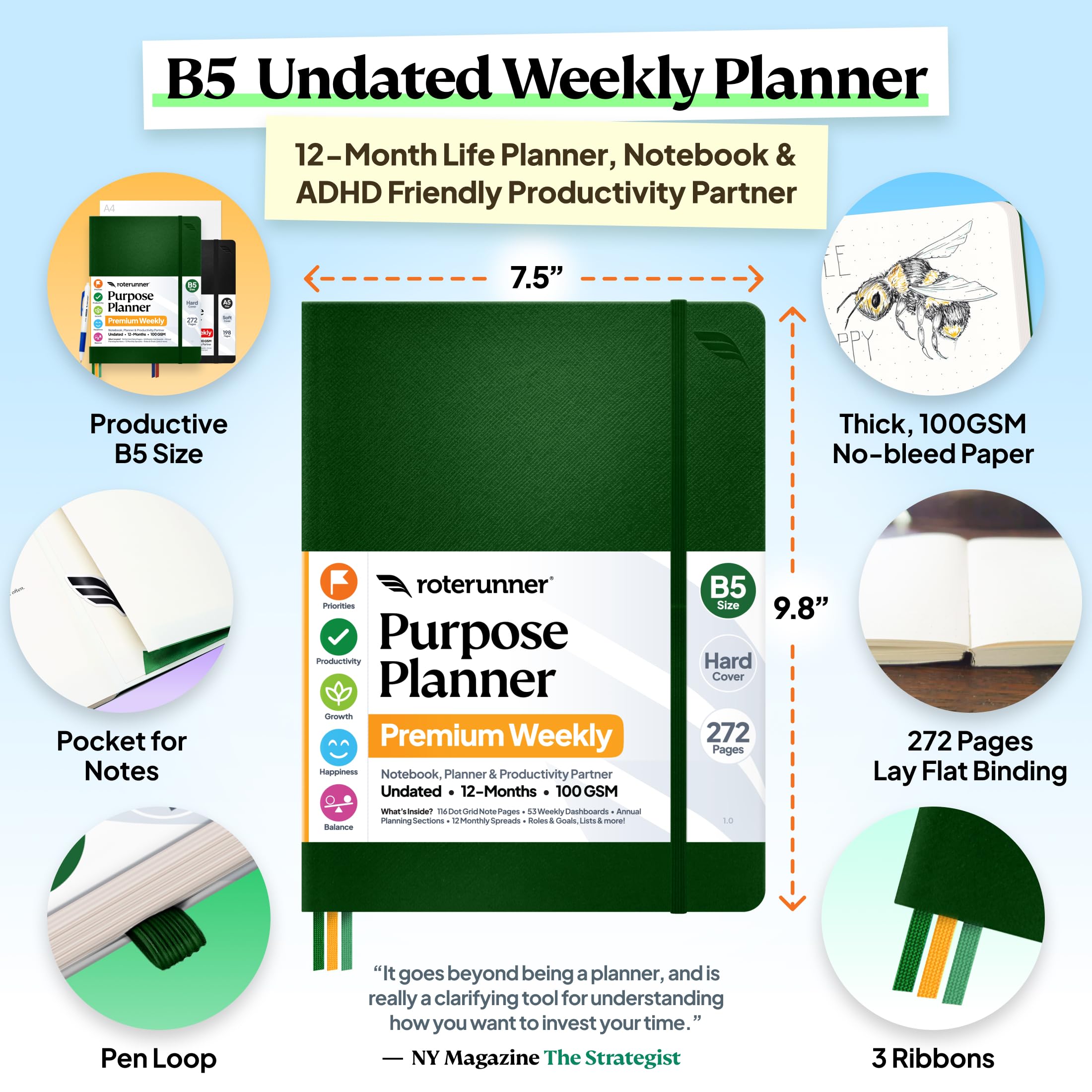 Roterunner Agenda B5, 19 x 24,9 cm, 12 mesi, non datata, 2026, giornaliera, settimanale e mensile, strumento per la definizione degli obiettivi di produttività, per lavoro, casa, ADHD, per adulti