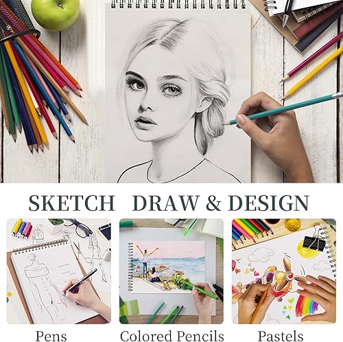 Miniatura 6 de SuFly Papel de dibujo de 9 x 12 pulgadas, 100 hojas, bloc de bocetos en espiral superior, 68 libras100 gsm, blanco.