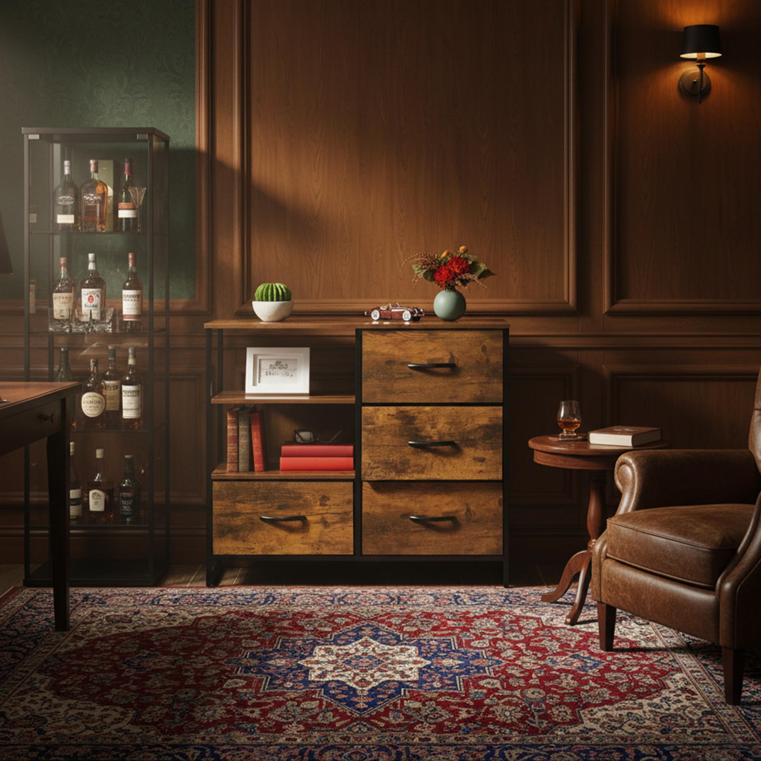 Relaxdays Commode de Style Industriel, HLP 71,5 x 84 x 32,5 cm, métal, Aspect Bois, avec 4 tiroirs, Buffet, Marron/Noir