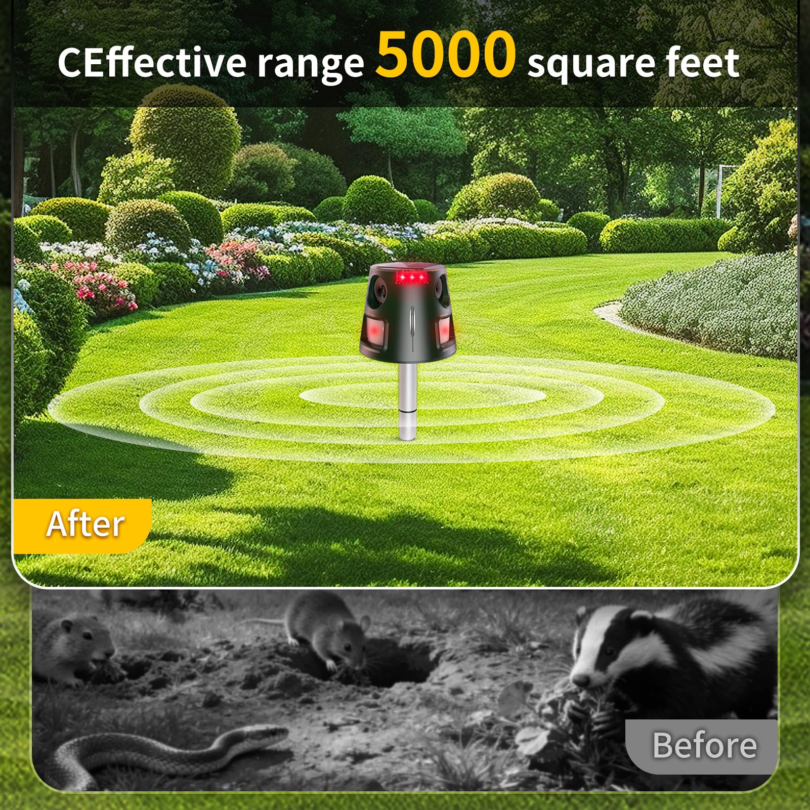 Ultrasonic Animal Repellent Outdoor, Solar Power Cat Rodent Raccoon Repeller, Squirrel Skunk Control Device with Motion Sensor and FIashing Light, Waterproof Rabbt Snake Deterrent for Outdoor - 2