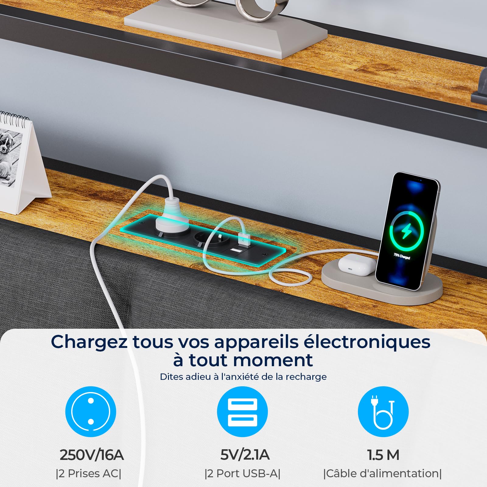 Brinlawb Cadre de Lit 140 x 190 avec Sommier en Métal, Lit 2 Personnes avec Lumières LED et Multiprise (2 Prises AC, 2 Ports USB-A) lit Double 140x190 cm avec 2 Tiroirs, Facile à Assembler, Gris