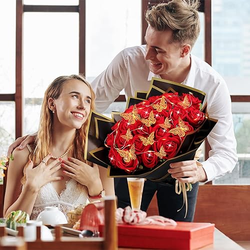 Miniatura 6 de Hzdyopk 186 piezas de papel de regalo de ramo, 40 hojas de papel de regalo floral impermeable, con cinta de alfiler de ramo de mariposas 3D y luces