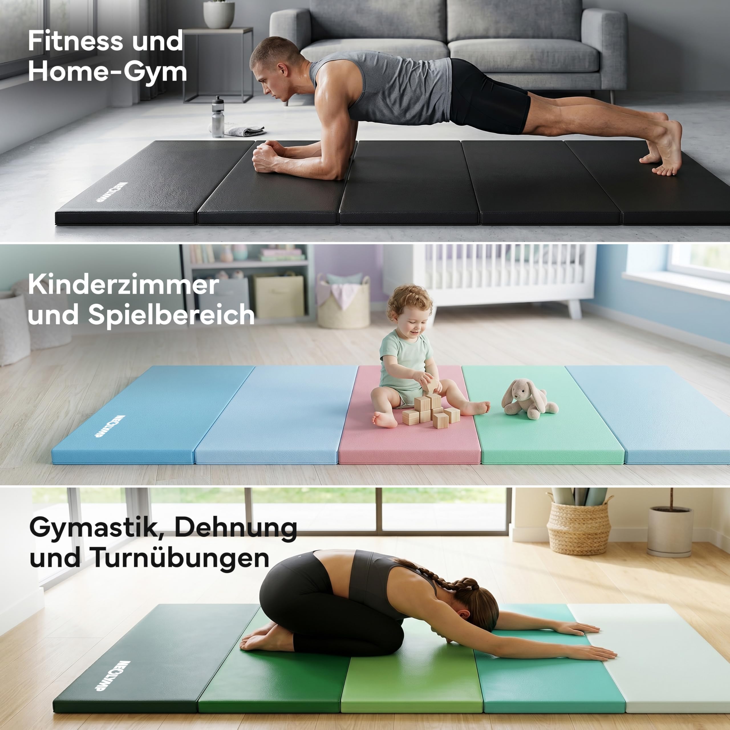 NEOLYMP Turnmatte klappbar - Faltbare Gymnastikmatte für Zuhause - Dicke Fitnessmatte für Kampfsport, Yoga & Pilates - Weiche Bodenmatte mit Tragegriff & Klett-Verbindung - Platzsparende Sportmatte