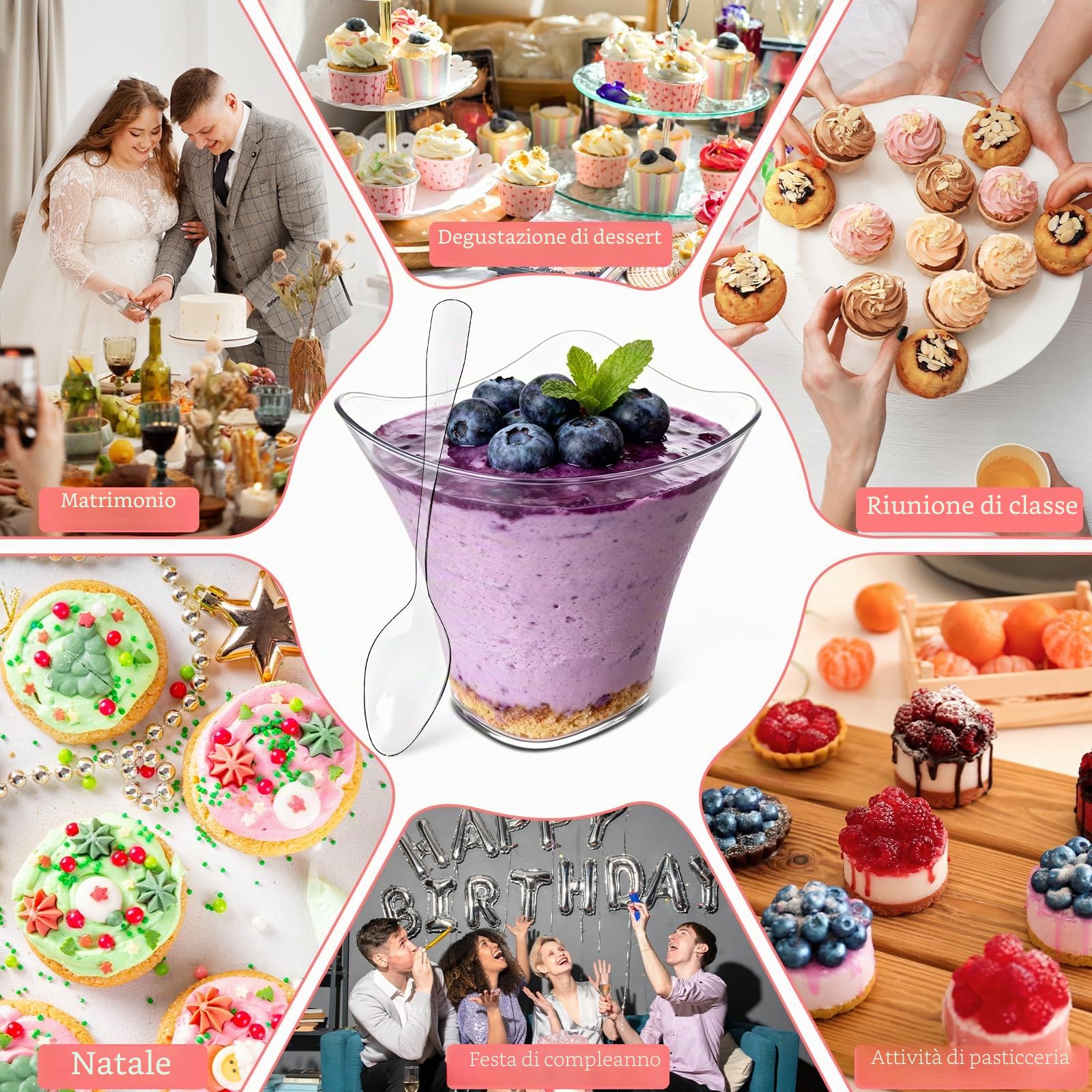 60 Pezzi Tazze Da Dessert 100 Ml/4oz, Plastica Bicchierini Finger Food Con 60 PCS Cucchiai,Rotonde Curve,Riutilizzabili Mini Trasparenti Bicchierini per Finger Food,Per Mousse,Budini,Gelati,Feste