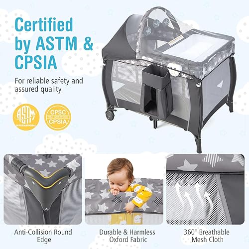 Miniatura 8 de BABY JOY 4 en 1 Pack and Play, corralito portátil para bebé con moisés, toldo ajustable, cambiador, ruedas bloqueables, caja de música brillante,