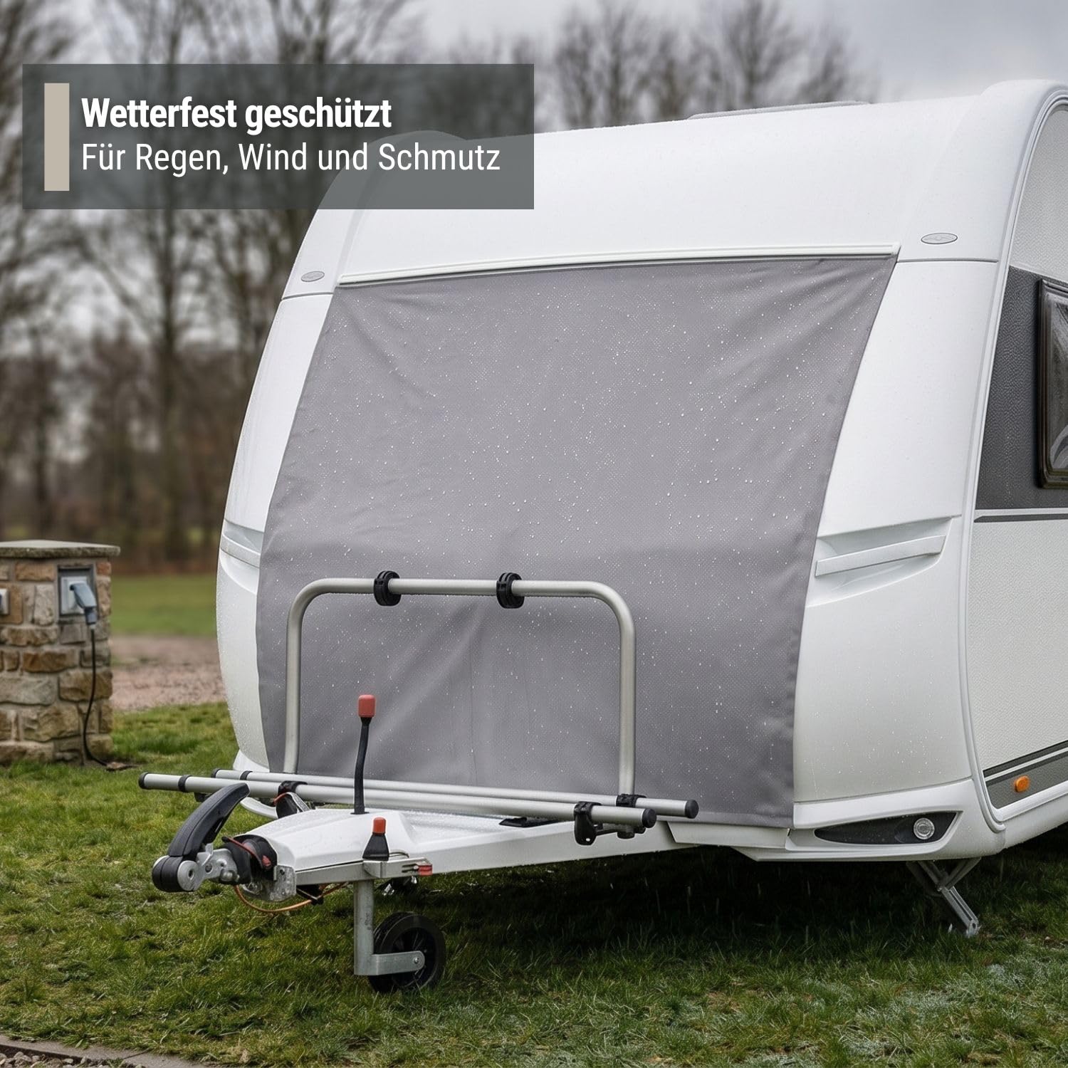 deiwo Bugschutzplane Wohnwagen 160-200 x 160 cm, wetterfeste Schutzplane für Wohnwagenfront und Deichselbox, Befestigung mit Kederschnur, Wohnwagen Abdeckung mit Spannringen (200 x 160 cm)