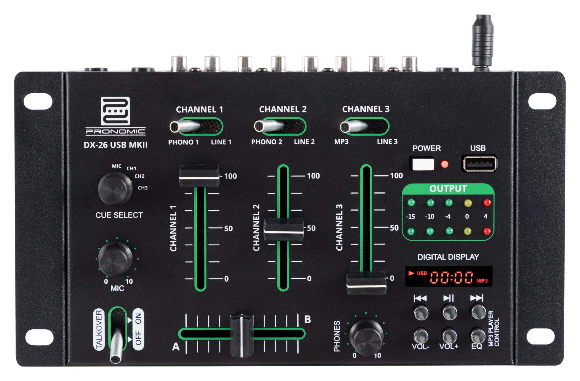 Pronomic DX-26 USB MKII DJ-Mixer, Mezclador DJ de 3 canales, Función Cue | Faders Ultraglide súper suaves de 45mm, Diseño de ruido extremadamente bajo, Construcción robusta, Salida de auriculares de 6