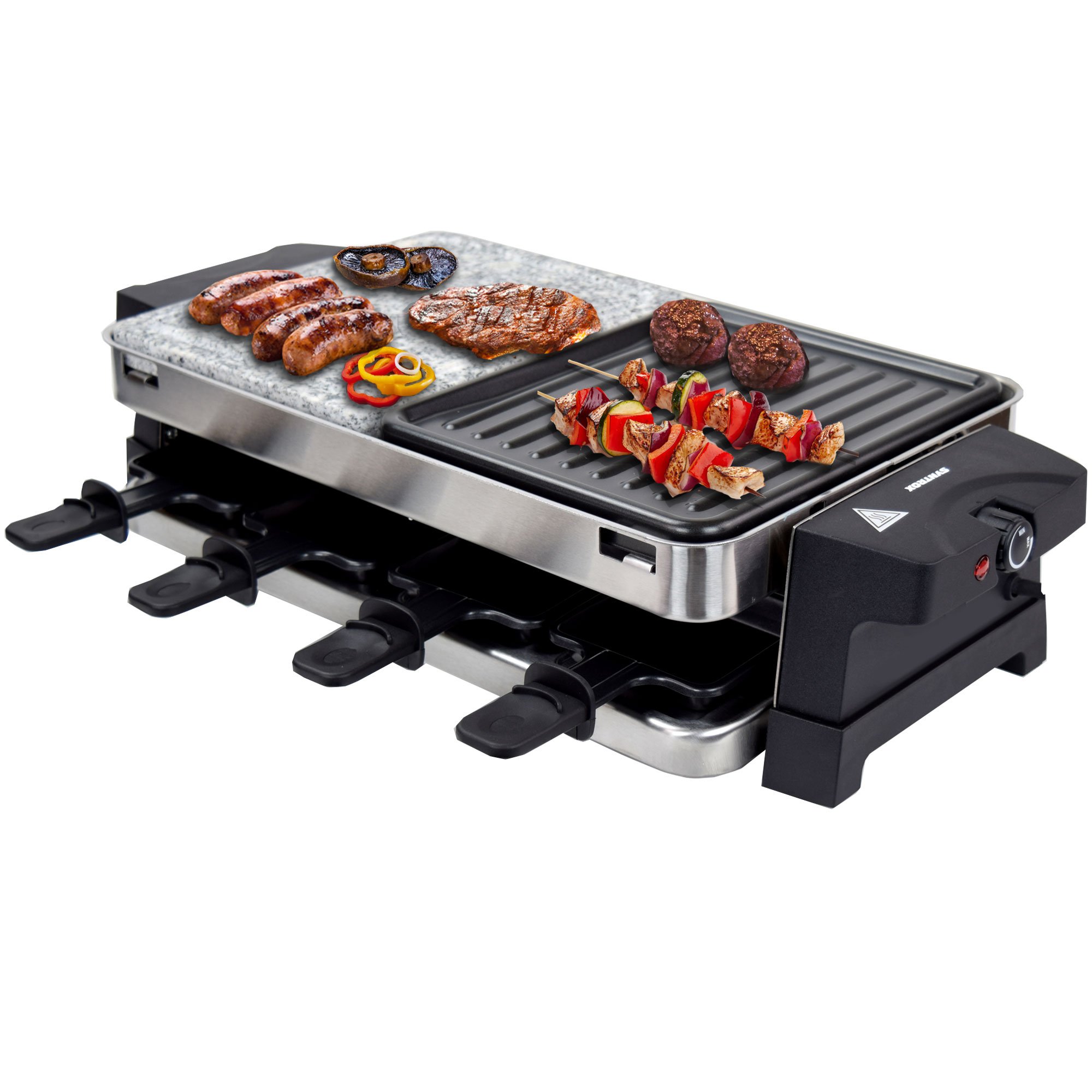 Syntrox Germany Raclette Bernus 8 Personen, 1500W Multifunktions-Grill mit Heißem Stein und Antihaft-Platte, Edelstahl inkl. 8 Pfännchen