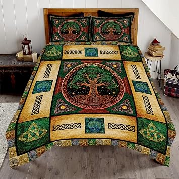 Personalized Tree of Life Quilts, Yggdrasil Quilt King Comforter Full Size Bed Set, Celtic Yggdrasil Bedding Set - Celtic Quilt Tree of Life Bedspread Tree of Life in Vintage Style, 5 Sizes
