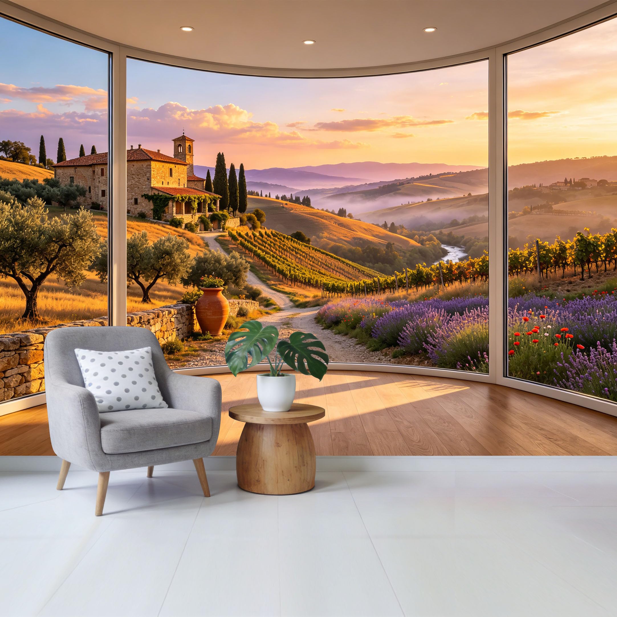 Removable Self Adhesive Fabric Mural， Tuscan Landscape Custom Size Wall Covering， UV Protected Waterproof Washable Wall Decor for Living Room Bedroom Bathroom Sunset Vineyard View