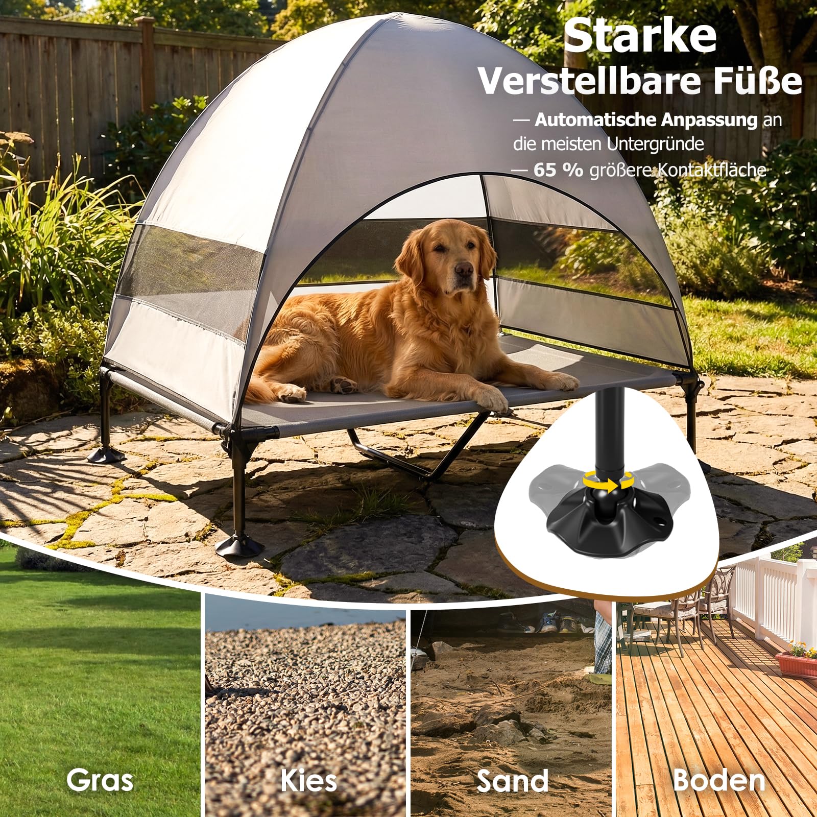 Erhöhtes Hundebett Outdoor mit UV-beständiges Dach，Hundeliege Klappbar mit Anti-Rutsch-Füßen, Hundezelt Outdoor mit Großem Schatten, Kühlendes ErhöHtes Hunde Bett für Camping, Garten & Pool (Grau, XL)