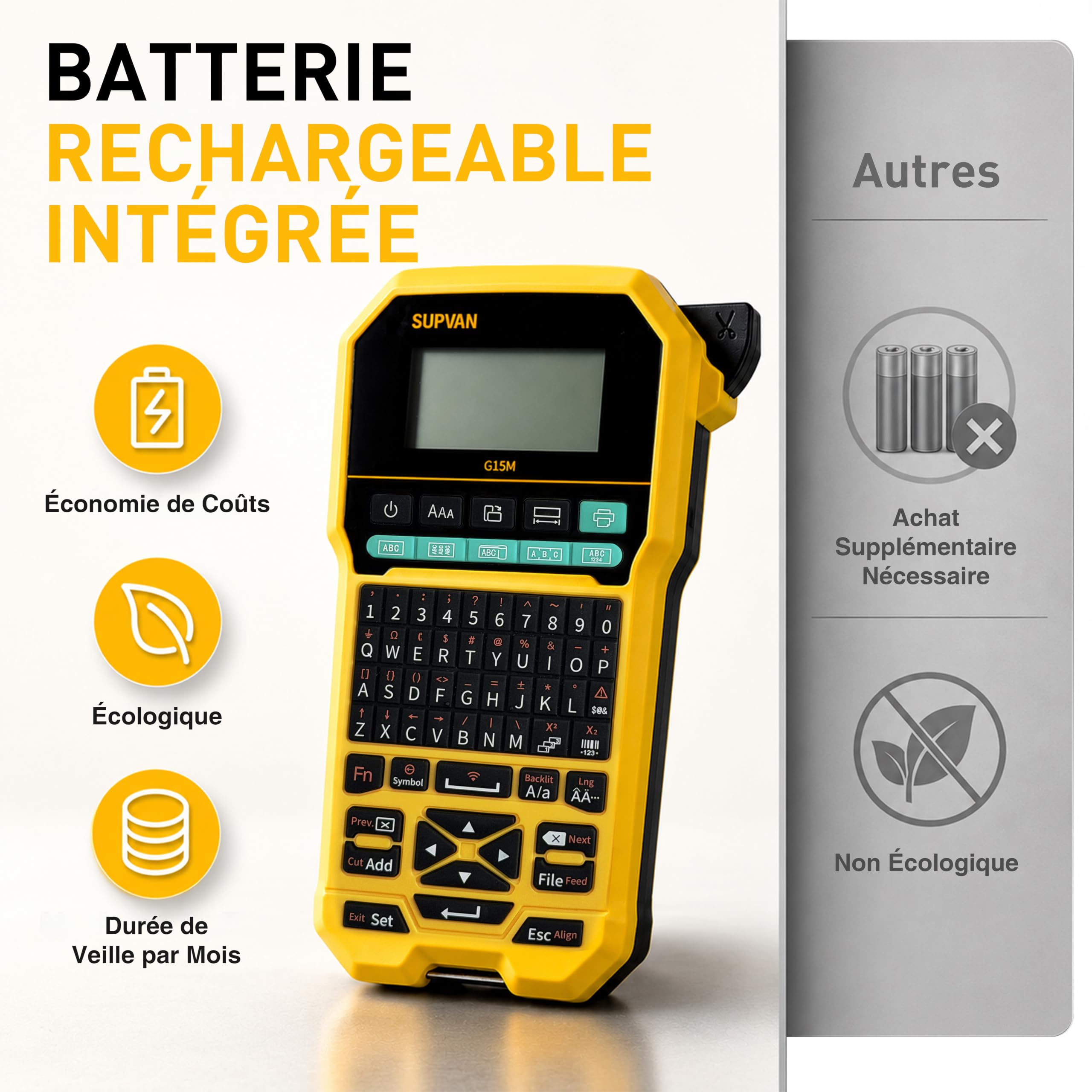 SUPVAN G15M Étiqueteuse Clavier & Bluetooth avec Tube Thermorétractable | Thermorétractable & Multi-Étiquettes, Rechargeable, Marge Réduite,3 Clés Câbles,LCD Rétroéclairé,Thermique,Industrie & Bureau