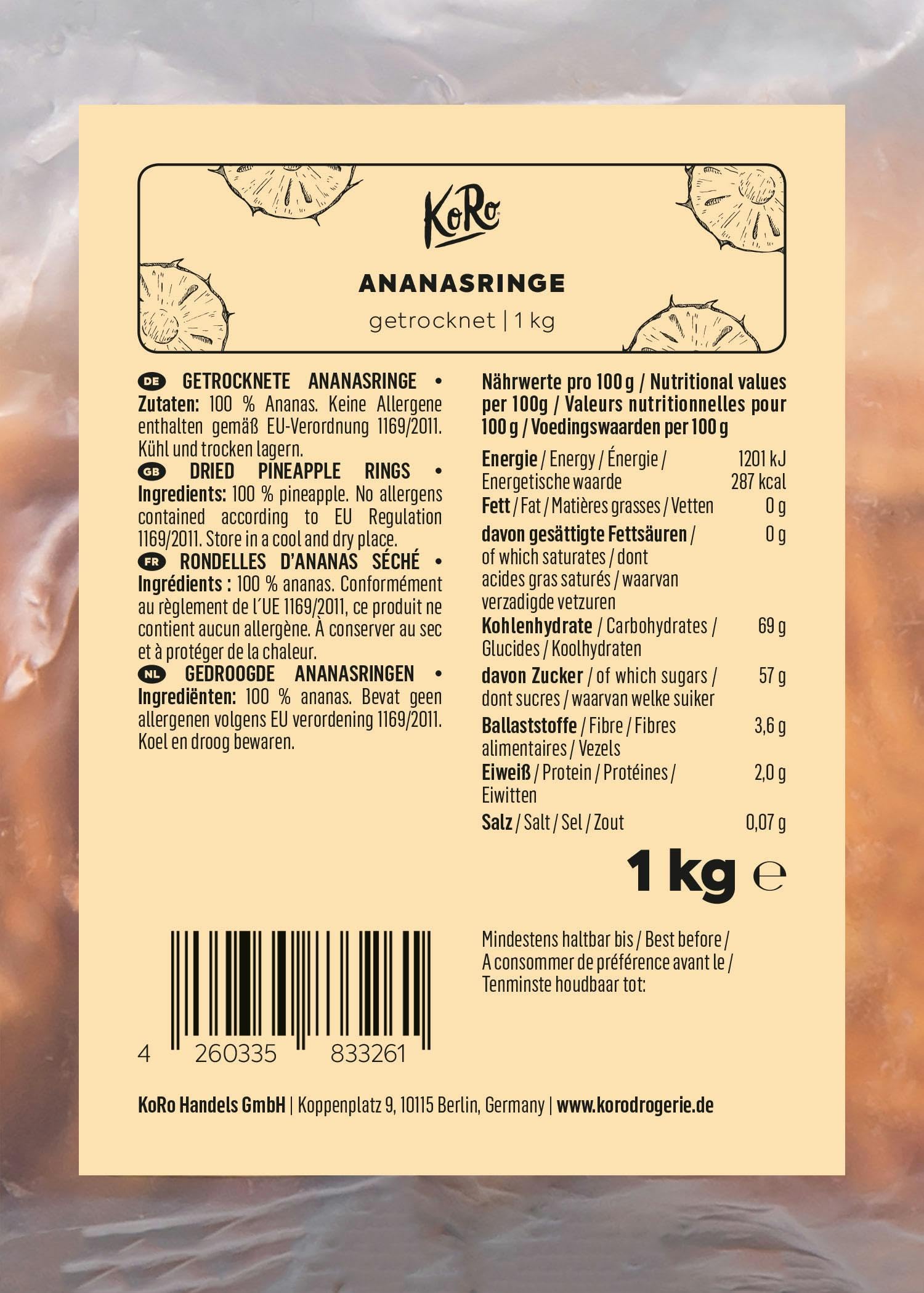 KoRo - Anelli di ananas essiccati 1 kg - Frutta secca non zuccherata e non solforata, formato convenienza.