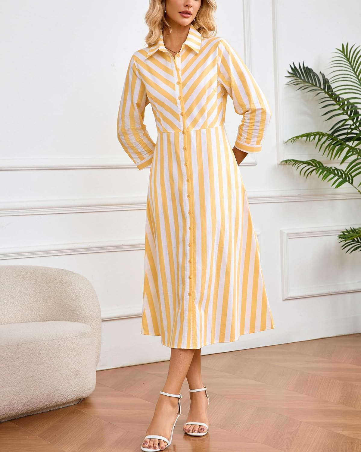 Women's Striped Button Down Maxi Dress Casual 3/4 Sleeve Long Swing Beach Vacation Shirt Dress - Image 4