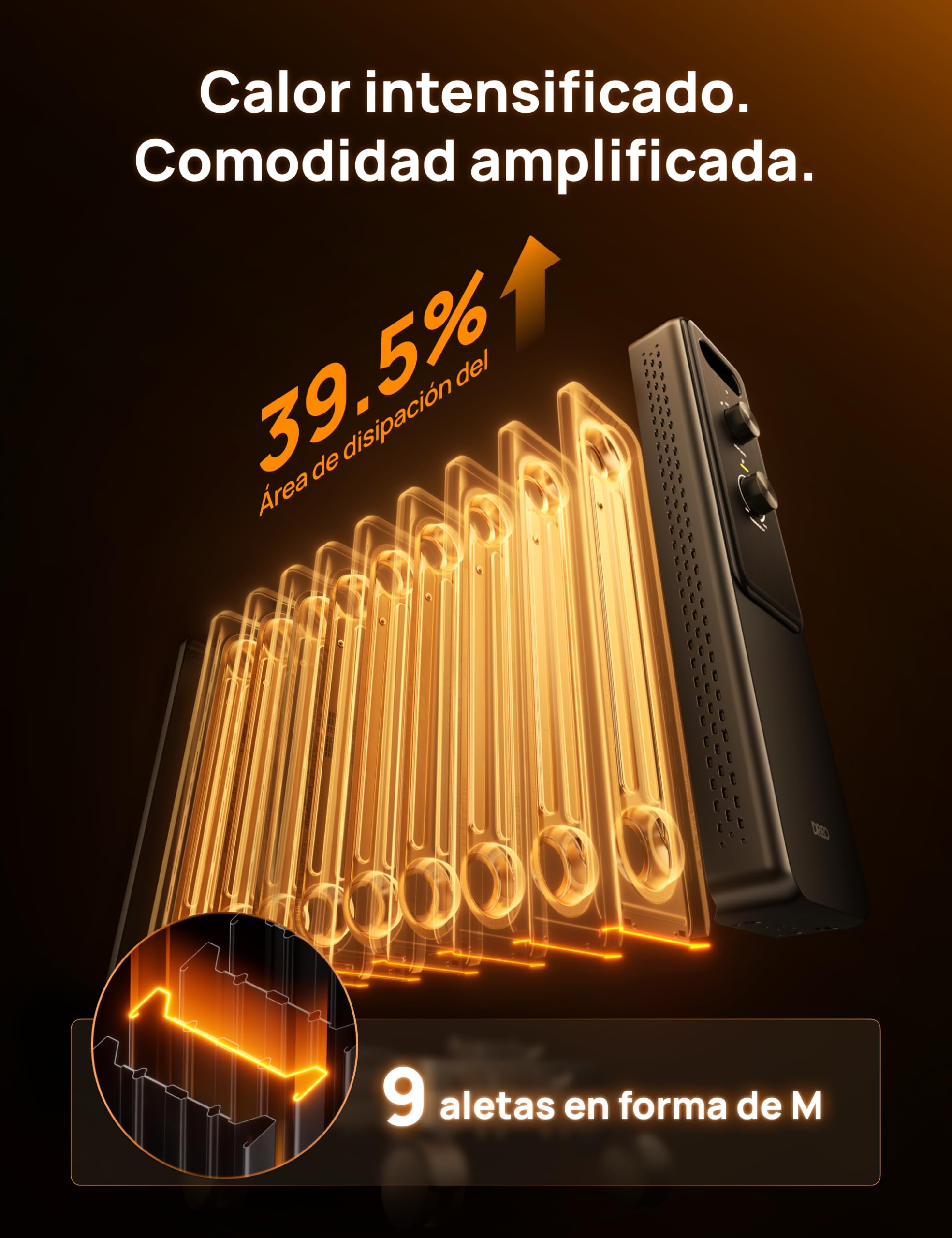 Dreo Radiador de aceite con 9 aletas 2000W, calefactor eléctrico silencioso para dormitorio, termostato ajustable, protección contra sobrecalentamiento y vuelco, seguridad infantil, bajo consumo