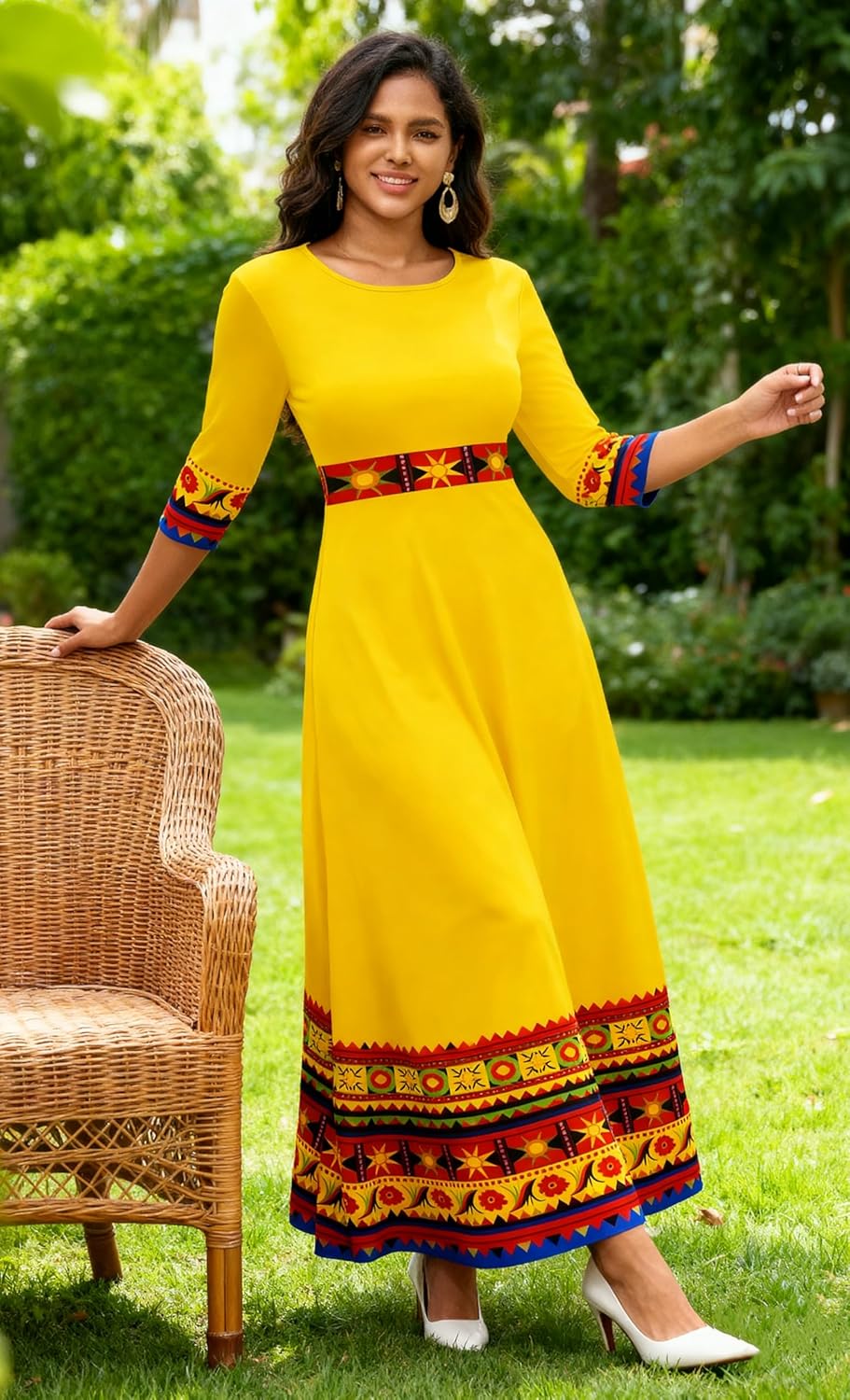 FANDEE Casual Maxi Dresses for Women Elegant 3/4 Sleeve Round Neck Africa Print Church Dress with Pocket - Image 6