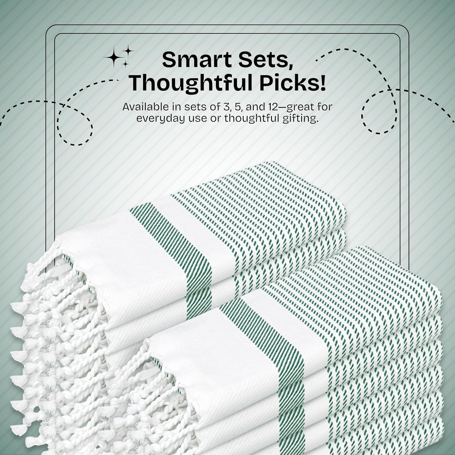 Turquiose Green Turkish Kitchen Towels 16"x26", 12 Pack, 100% Cotton, Ultra Absorbent, Soft, Fast Dry, Machine Washable, Dish Towel with Tassels for Drying Dishes, Cleaning, Wiping - Image 3