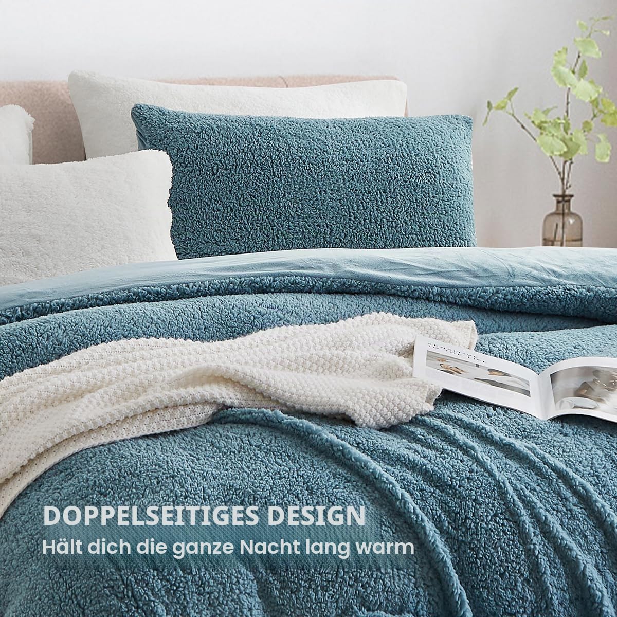 AShanlan Winter Fleece Bettwäsche 200x220 Petrol Blau Super Warme Sherpa Bettbezug Flauschig ÖKO-TEX Bettwäsche-Sets Cashmere Touch mit Reißverschluss und 2 Kissenbezug 80x80 cm