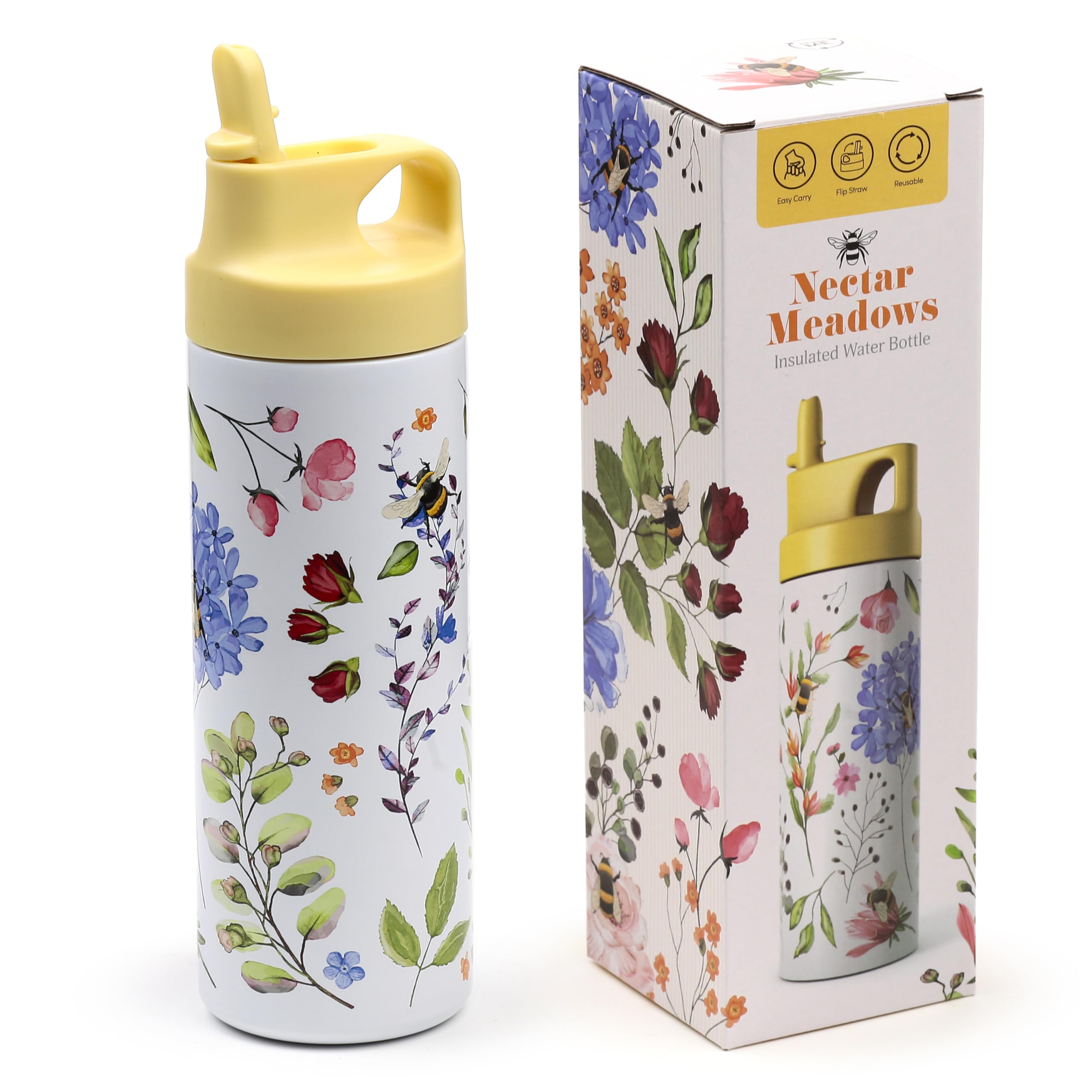 Puckator - Stainless Steel Thermal Bottle with Straw and Flip Top Opening - 500 ml - Bees - Nectar Meadows - 24 Hours Cold - 12 Hours Hot
