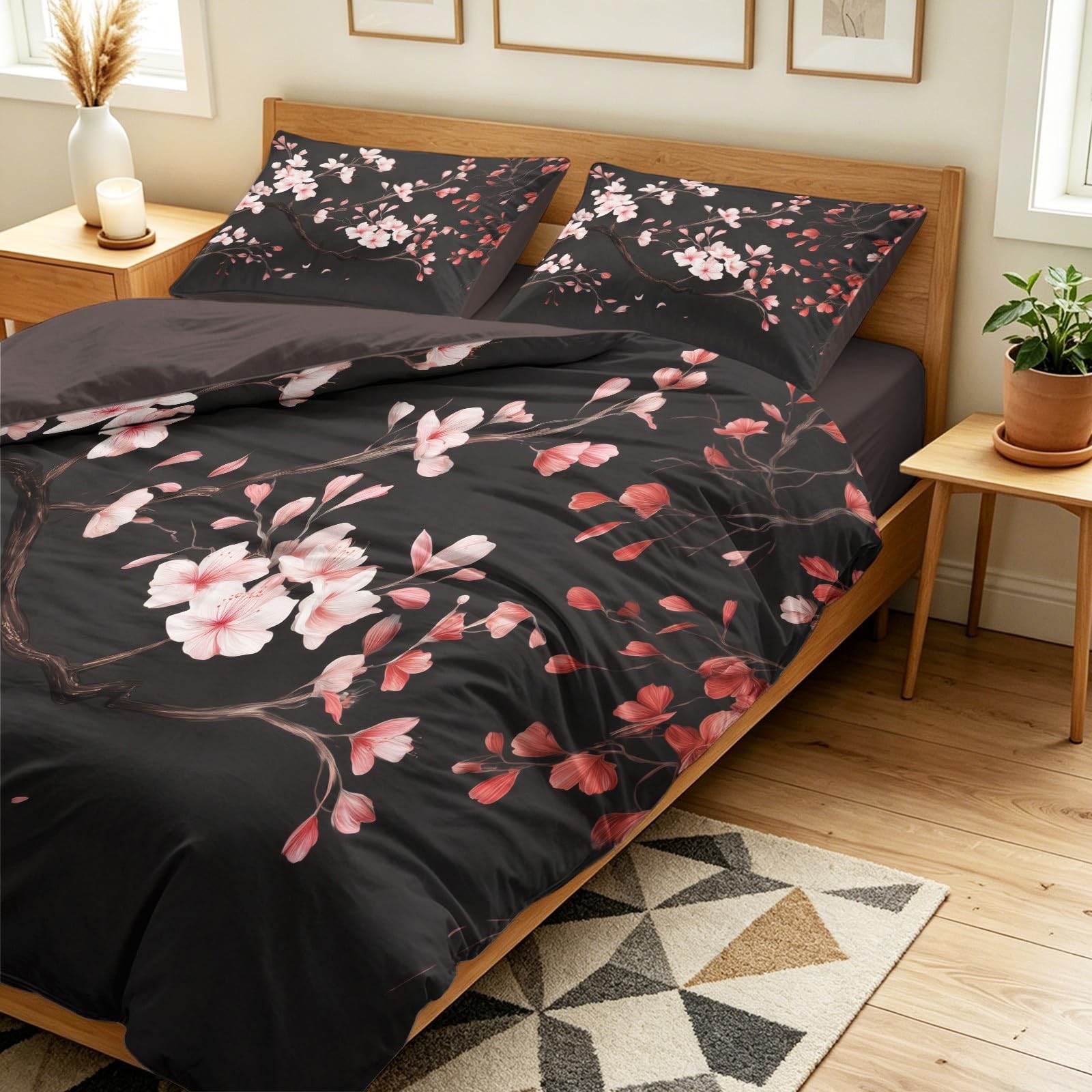 Generisch Orientalny zestaw pościeli botanicznej 155 x 220 cm, kolor czarny, dwustronny komplet pościeli z mikrofibry, prześcieradło z gumką i poszewki na poduszki, miękka poszwa na kołdrę