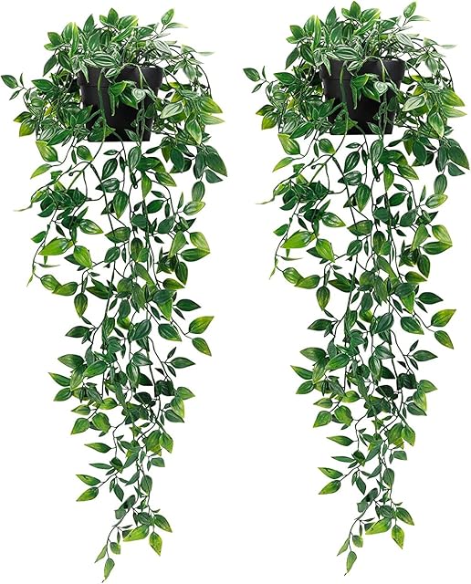 Artificial Hanging Plants,2 Pack Fake Hanging Plants with Pot,Greenery Faux Fake Ivy Decor, Fake Potted Plants for Home Decor Indoor Outdoor Wall Room Patio Office Table Shelf