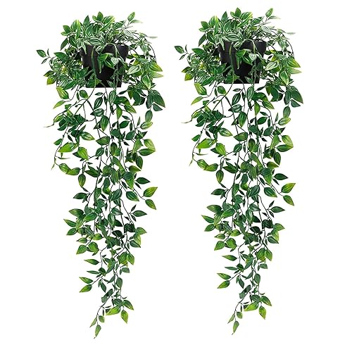 Artificial Hanging Plants,2 Pack Fake Hanging Plants with Pot,Greenery Faux Fake Ivy Decor, Fake Potted Plants for Home Indoor Outdoor Wall Patio Office Table Shelf Aesthetic Decor (A) - Green