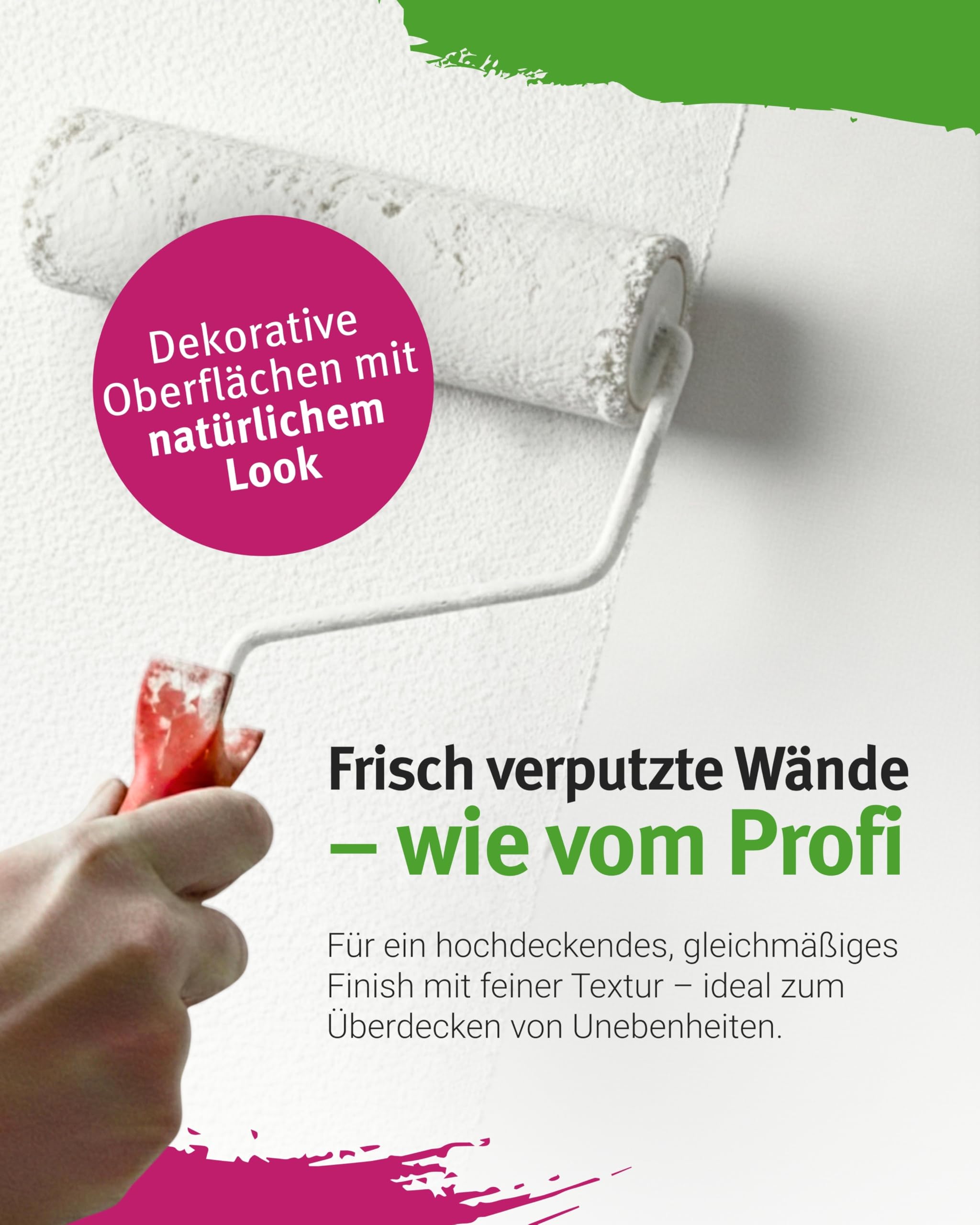 Feiner Rollputz für Innen I 24 kg für ca. 65 m² + Spezialrolle 18 cm I 0,5 mm Körnung I Verarbeitungsfertig & streifenfrei wie vom Profi I Atmungsaktiv, schimmelhemmend & lösungsmittelfrei