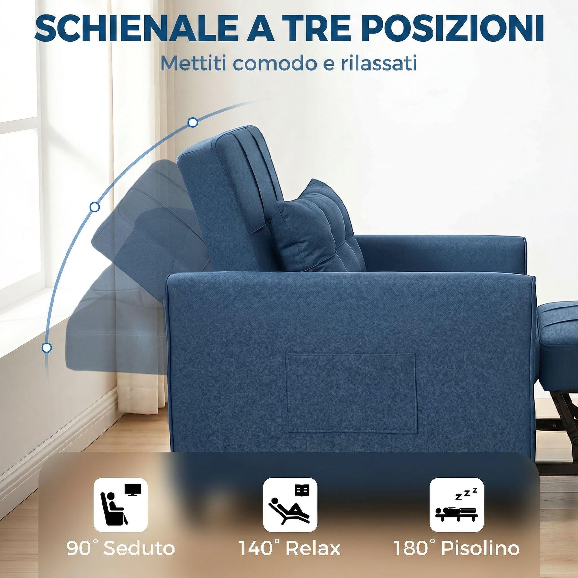 HOMCOM Poltrona Letto Singolo 3 in 1 con Schienale Reclinabile su 3 Livelli, 2 Ruote, Cuscino, Divano Letto Singolo Pieghevole in Tessuto Effetto Lino e Legno, 69x82x85cm, Blu