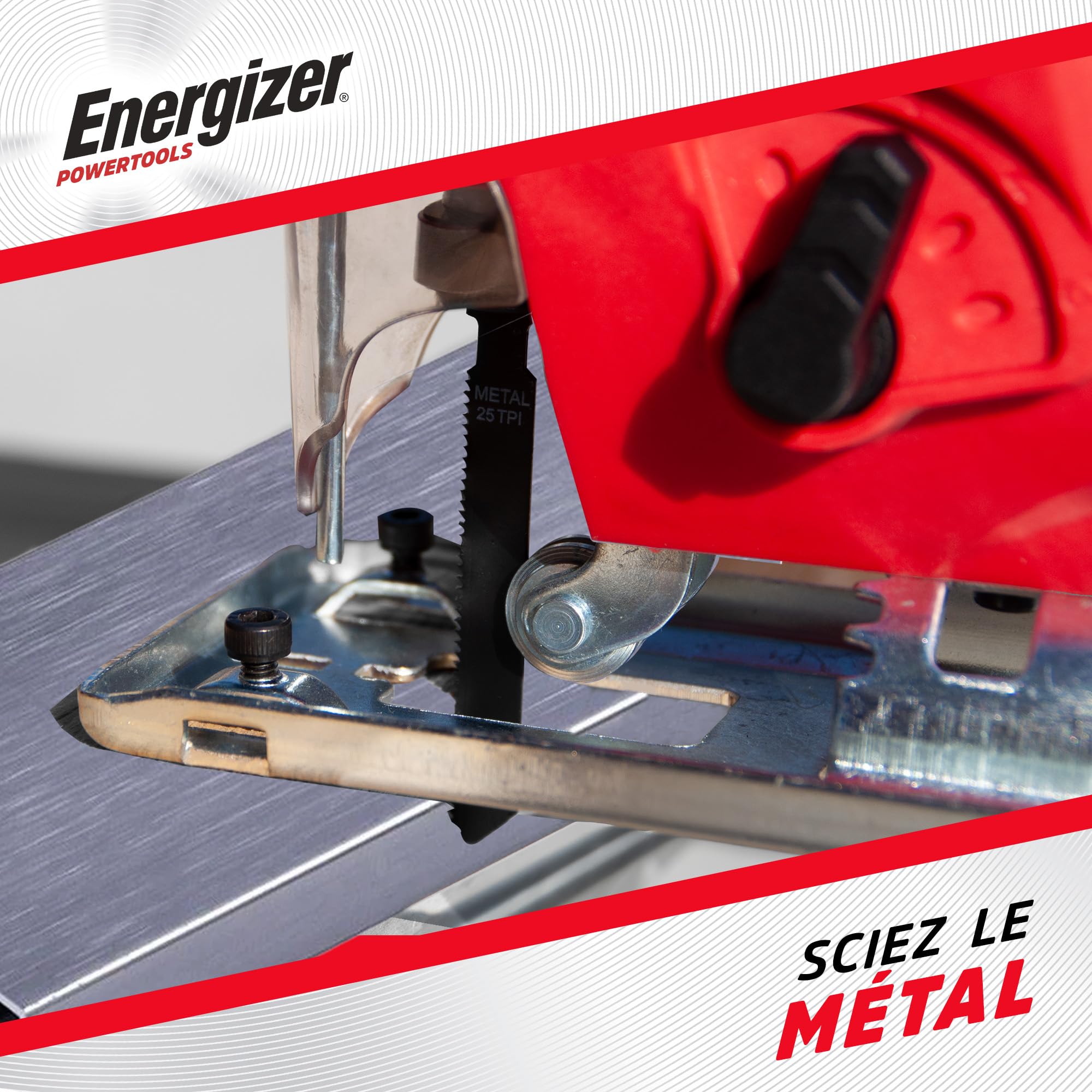 Energizer - Sierra de calar inalámbrica 20 Voltios – 2300 OPM, corte madera 80 mm/metal 6 mm – Incluye 2 baterías 20V 2AH + cargador - Cambio rápido de hoja sin herramientas, conexión para aspiració