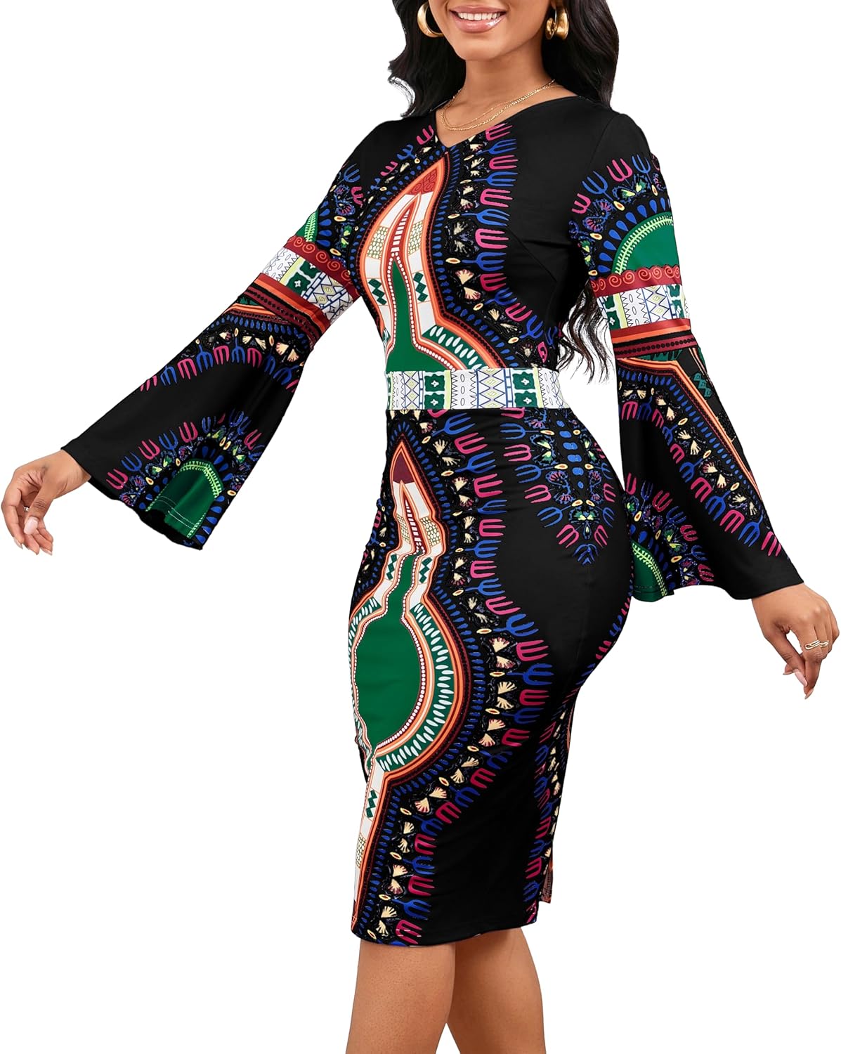 Women Sexy Dresses Bodycon Church 3/4 Sleeve African Print Pencil Party Office Dress Work with Split - Image 4