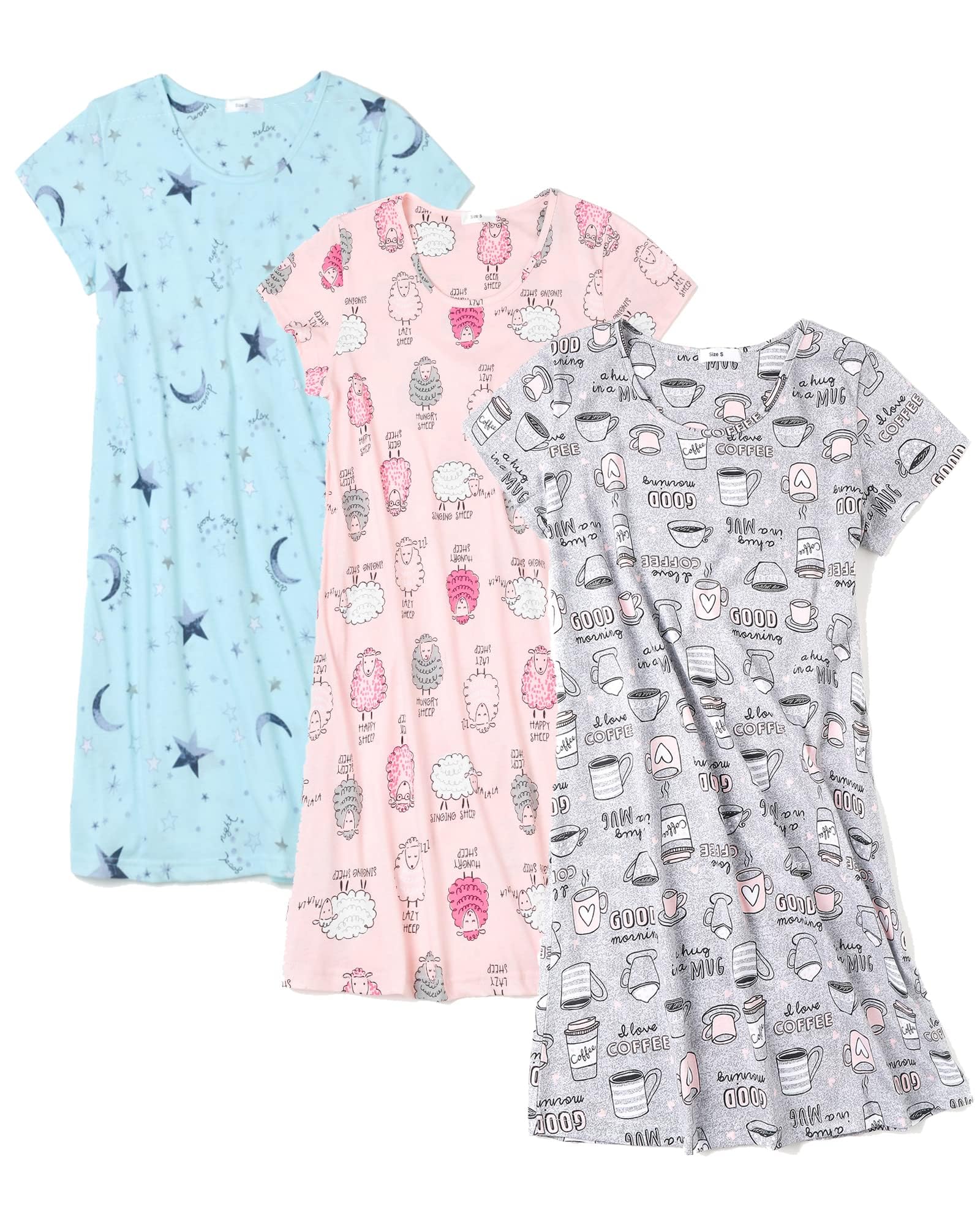 FEREMO 3 Pack Nightgowns for Women Soft Cotton Short Sleeve Night Shirts Womens Print Sleep Shirts Sleepwear