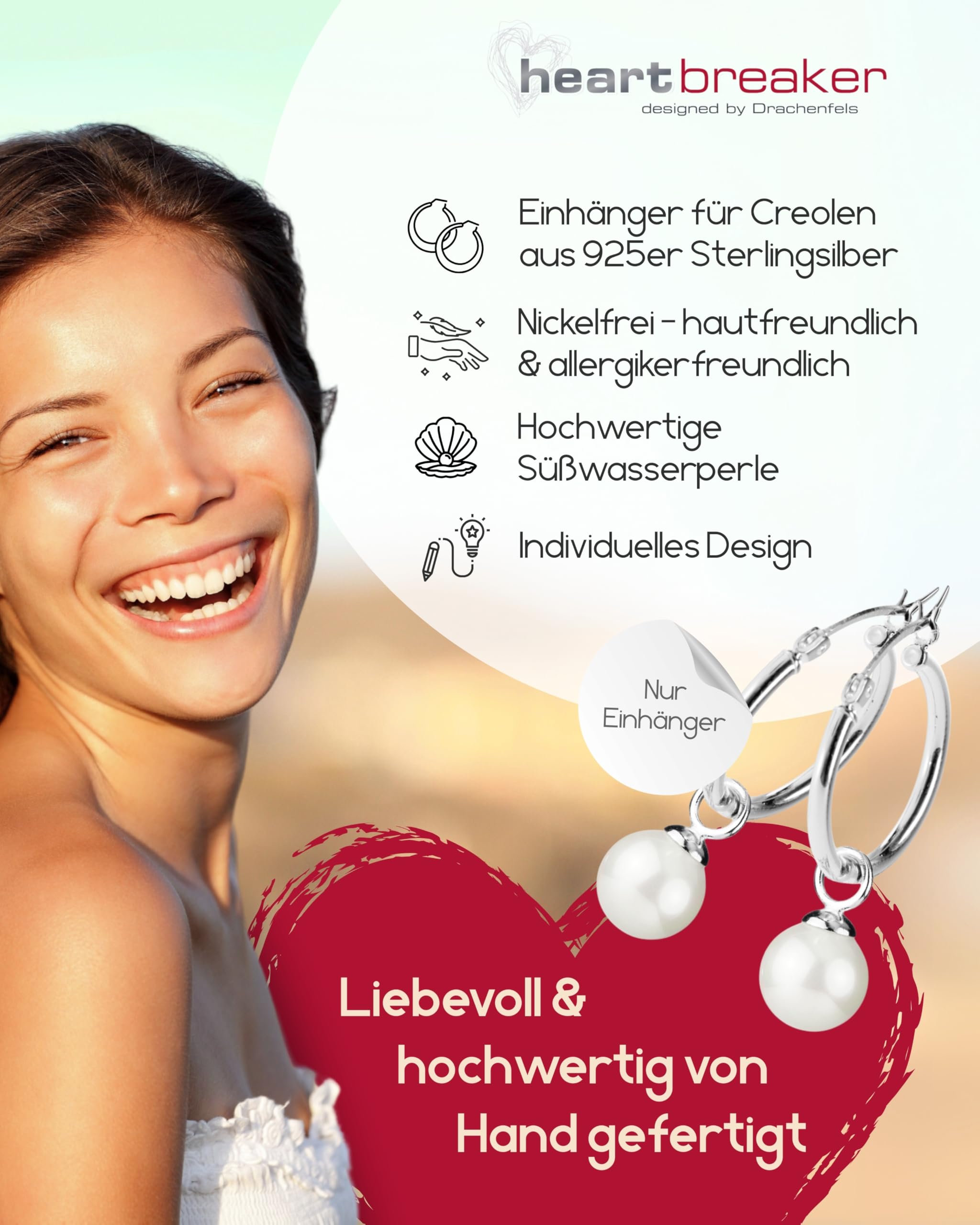 Heartbreaker "Style & Go" Perlen Einhänger I Einhänger für Creolen aus 925 Sterling Silber I Nickelfreier Anhänger mit weißer Muschelkernperle I In Goldschmiedequalität gefertigt I LD MR 31-W