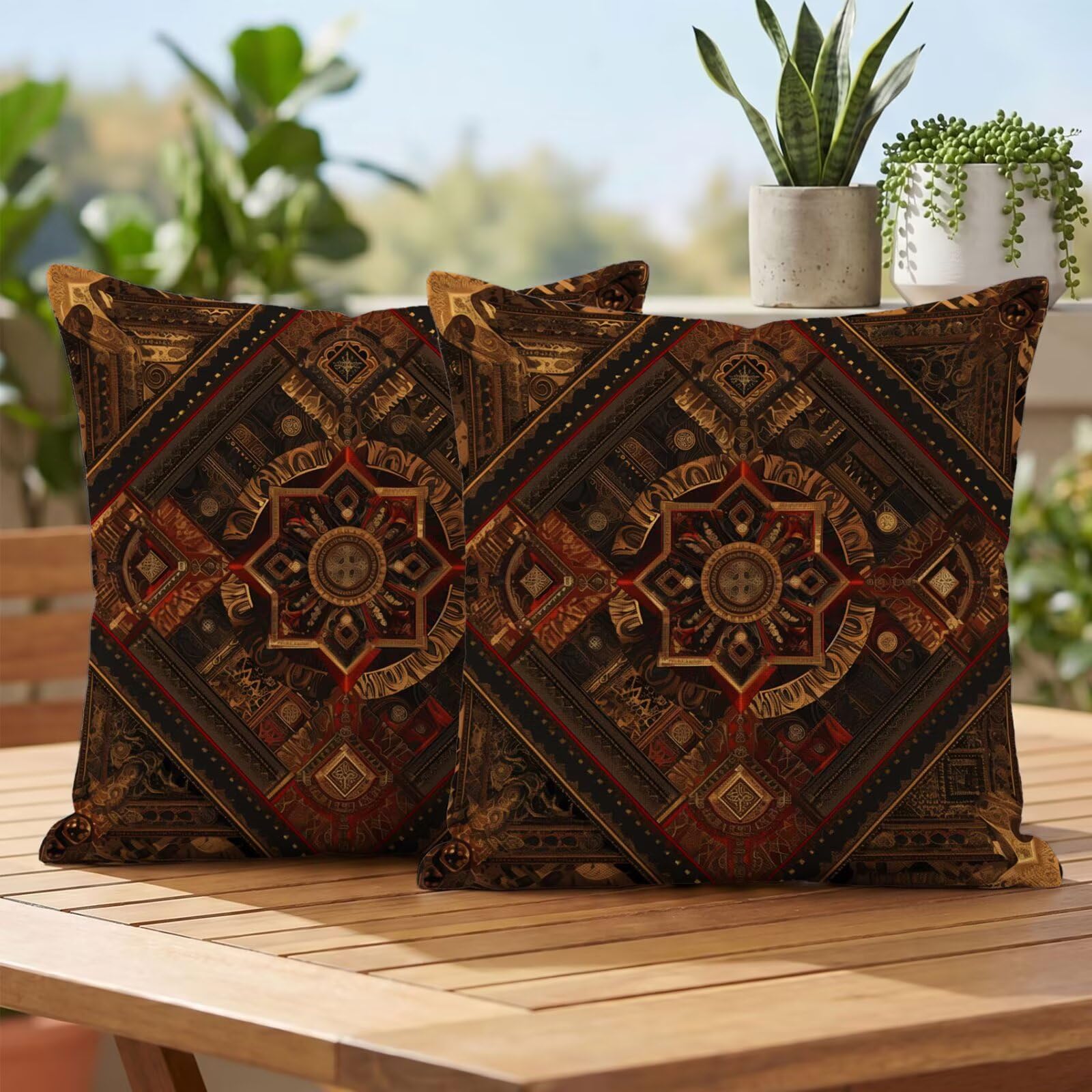 Housses de coussin d'extérieur imperméables lot de 2 marron 45x45 cm en lin bohème pour jardin
