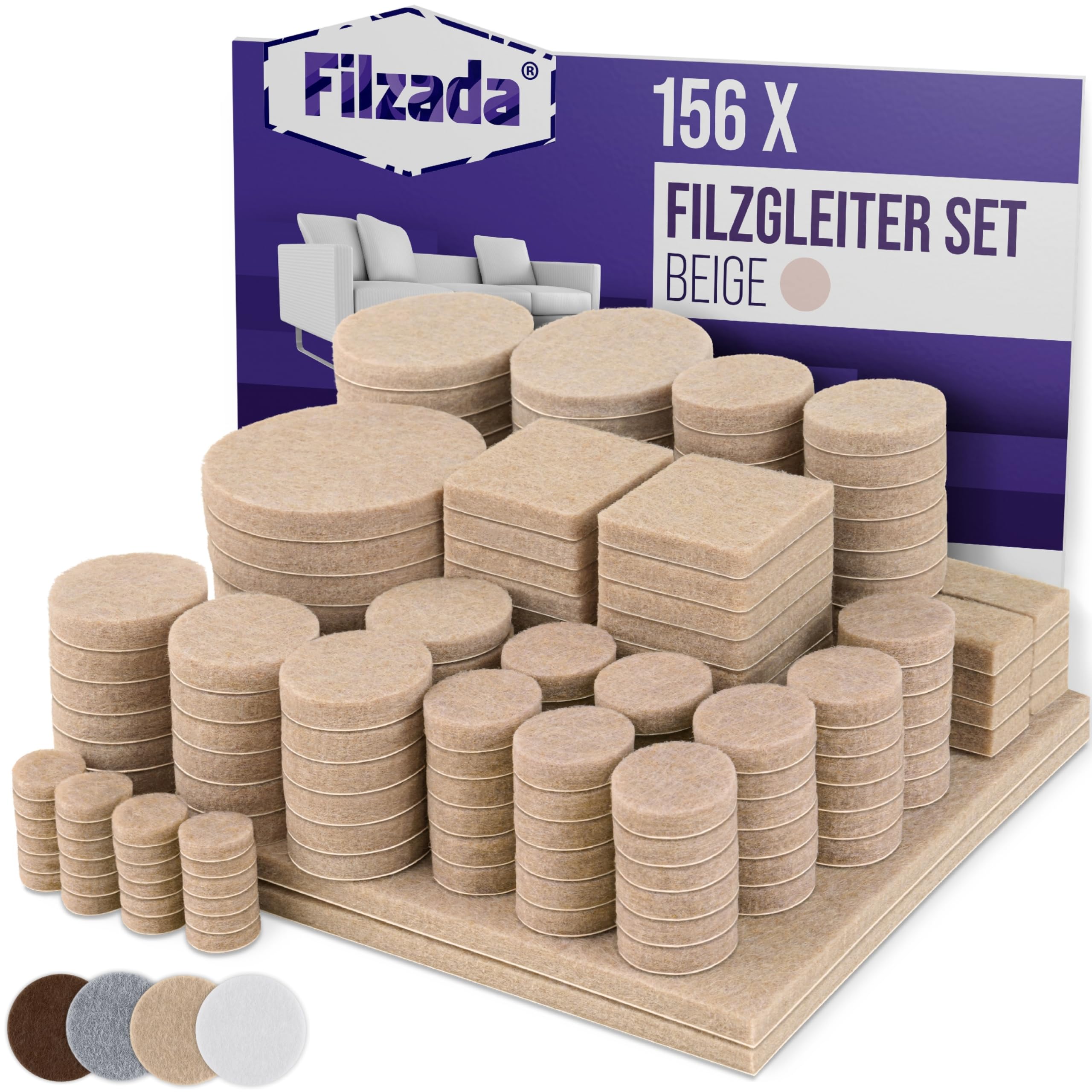 Filzada® Filzgleiter Set 106 & 156 Stück Braun, Beige, Weiß - Möbelgleiter | Filzgleiter Selbstklebend, Stuhlgleiter - Bodenschutz Parkett, Laminat, Fliesen - starke Klebkraft - geräuscharm
