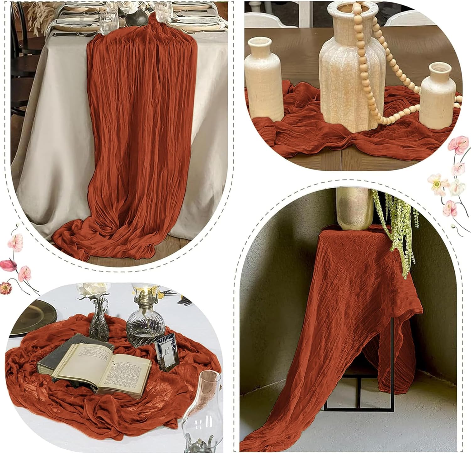 12 Pack Terracotta Cheesecloth Table Runner 17 x 108 Inch Gauze Table Runner Fabric Semi Sheer Cheese Cloth Table Decor Bulk for Rustic Romantic Wedding Baby Shower Table Decoration