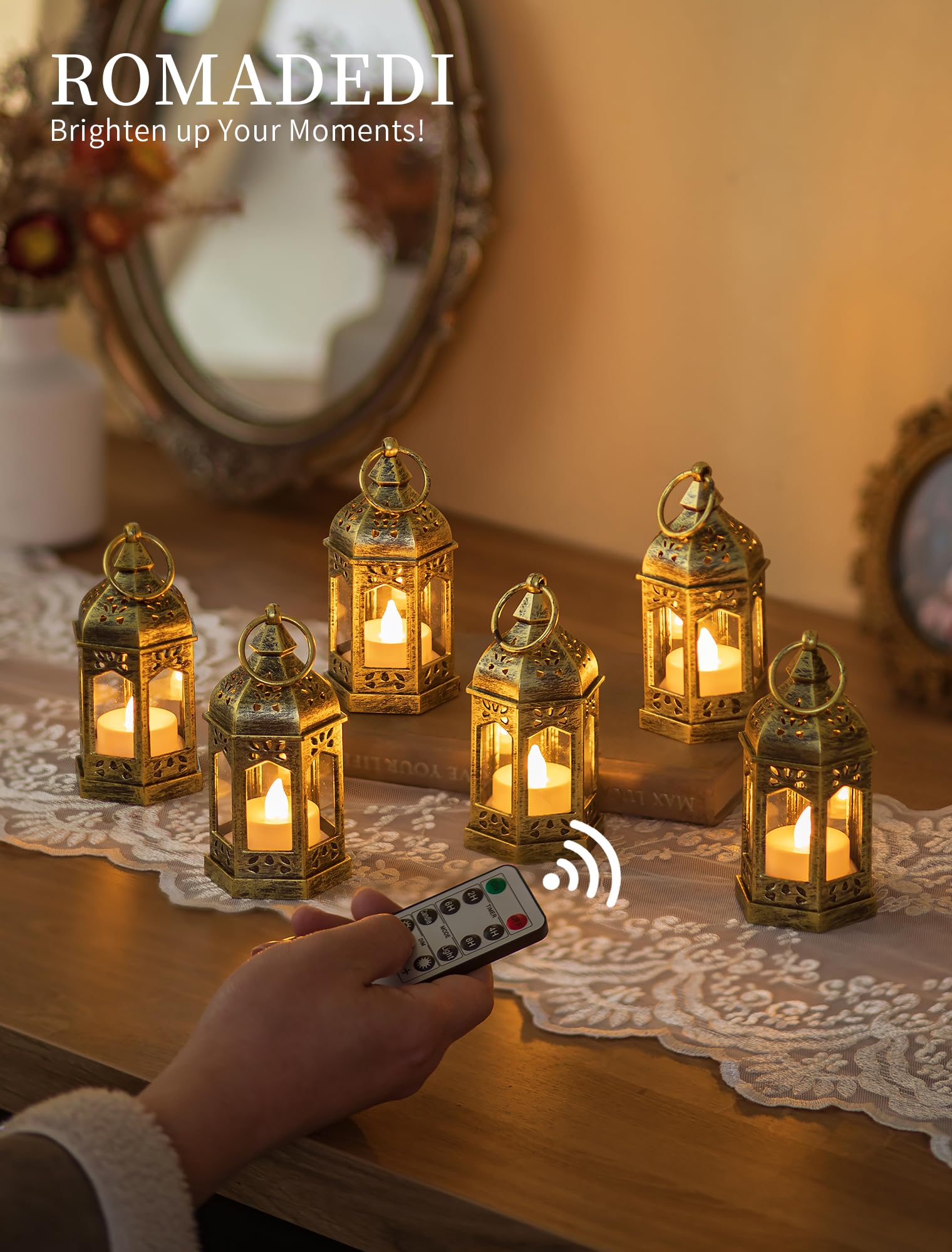 LED Mini Laternen mit Fernbedienung Timer 2/4/6/8H 10er Set Gold Vintage Kerzenlaterne ABS Glas mit flackernde Kerzen für Hochzeit Tischdeko Ramadan Weihnachten Outdoor Balkon