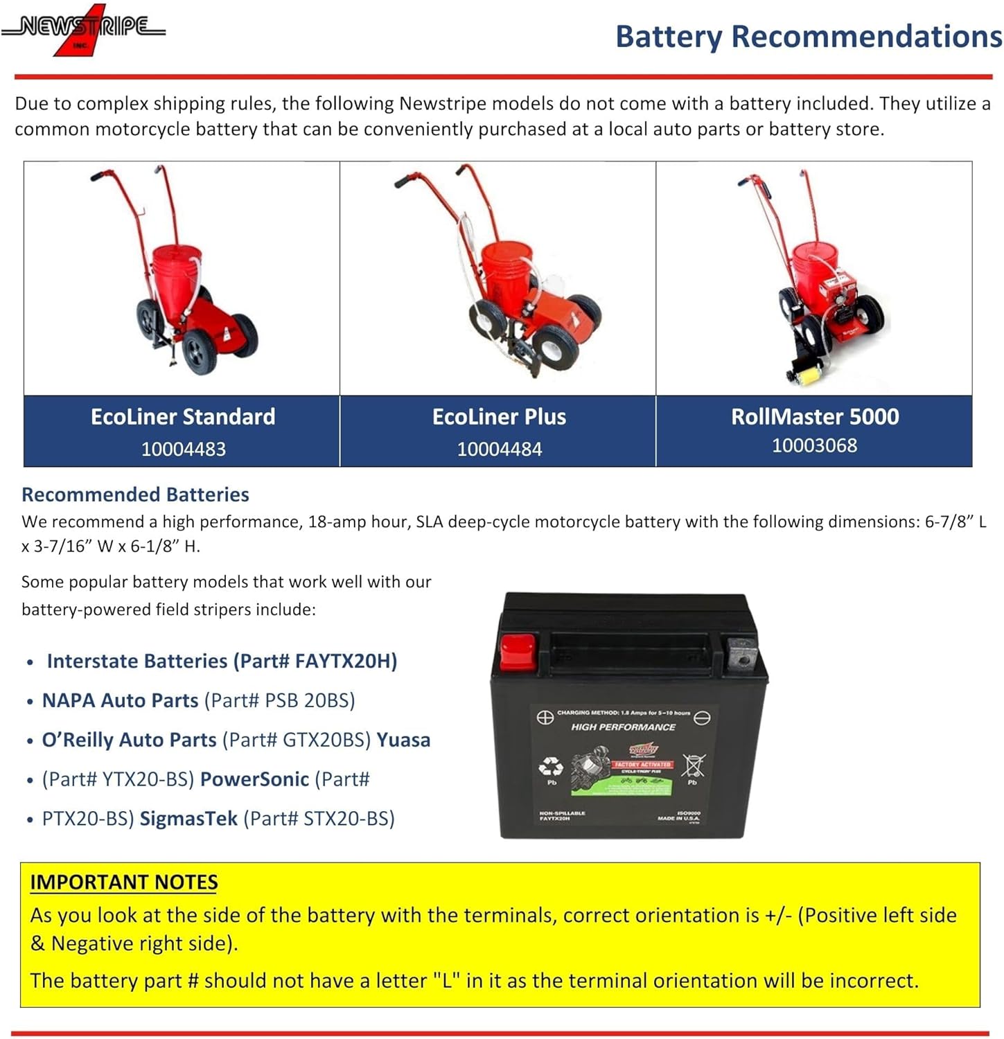 Newstripe EcoLiner Standard Battery Powered Field Striping Machine (Part# 10004483) | Field Use Only | Heavy Duty Diaphragm Pump | 12V Deep Cycle Battery | Cushioned Handles | 5-Gallon | Made in USA