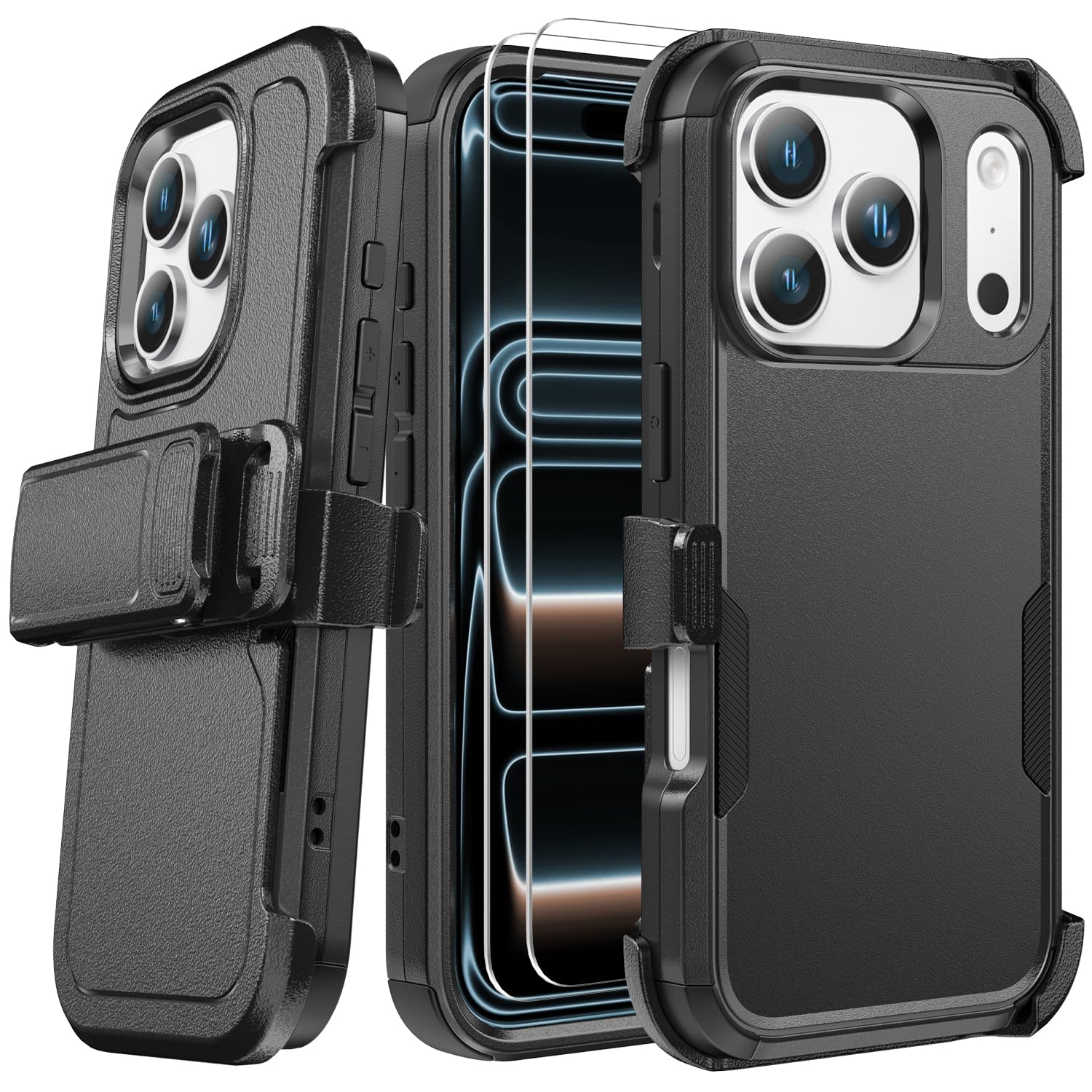 Custodia per iPhone 17 Pro Max con fondina con clip per cintura, 2 pellicole protettive per lo schermo, antiurto protezione contro le cadute, copertura integrale resistente a 3 strati militare robusta