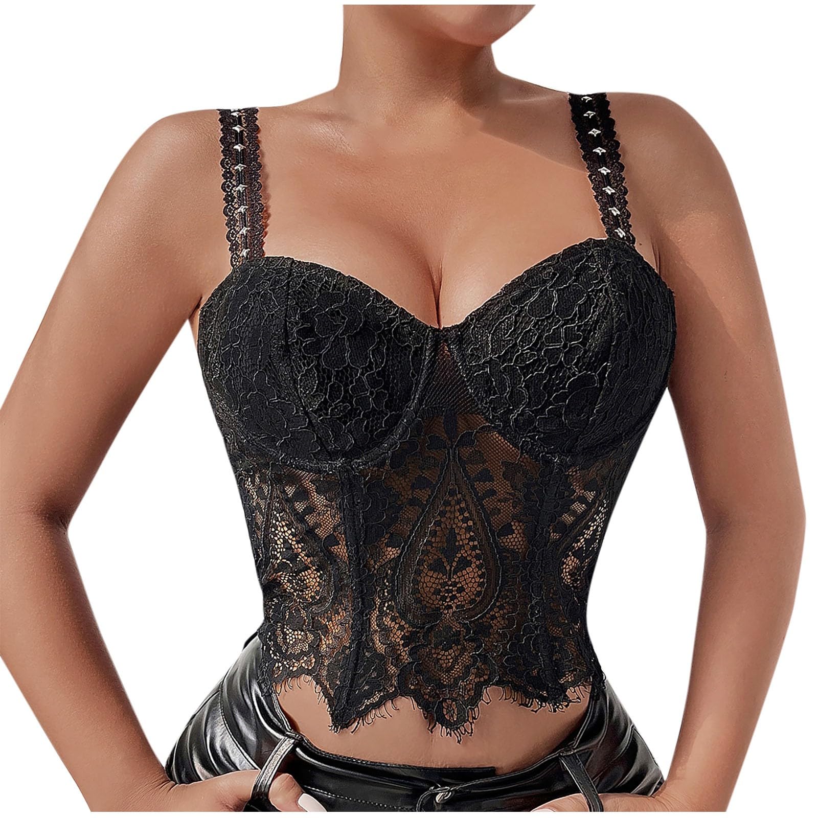 Akklian Floral Corset Top Spaghetti Straps Cute Bustier Tie Front Lace Sheer Party Crop Tops for Women Y2k