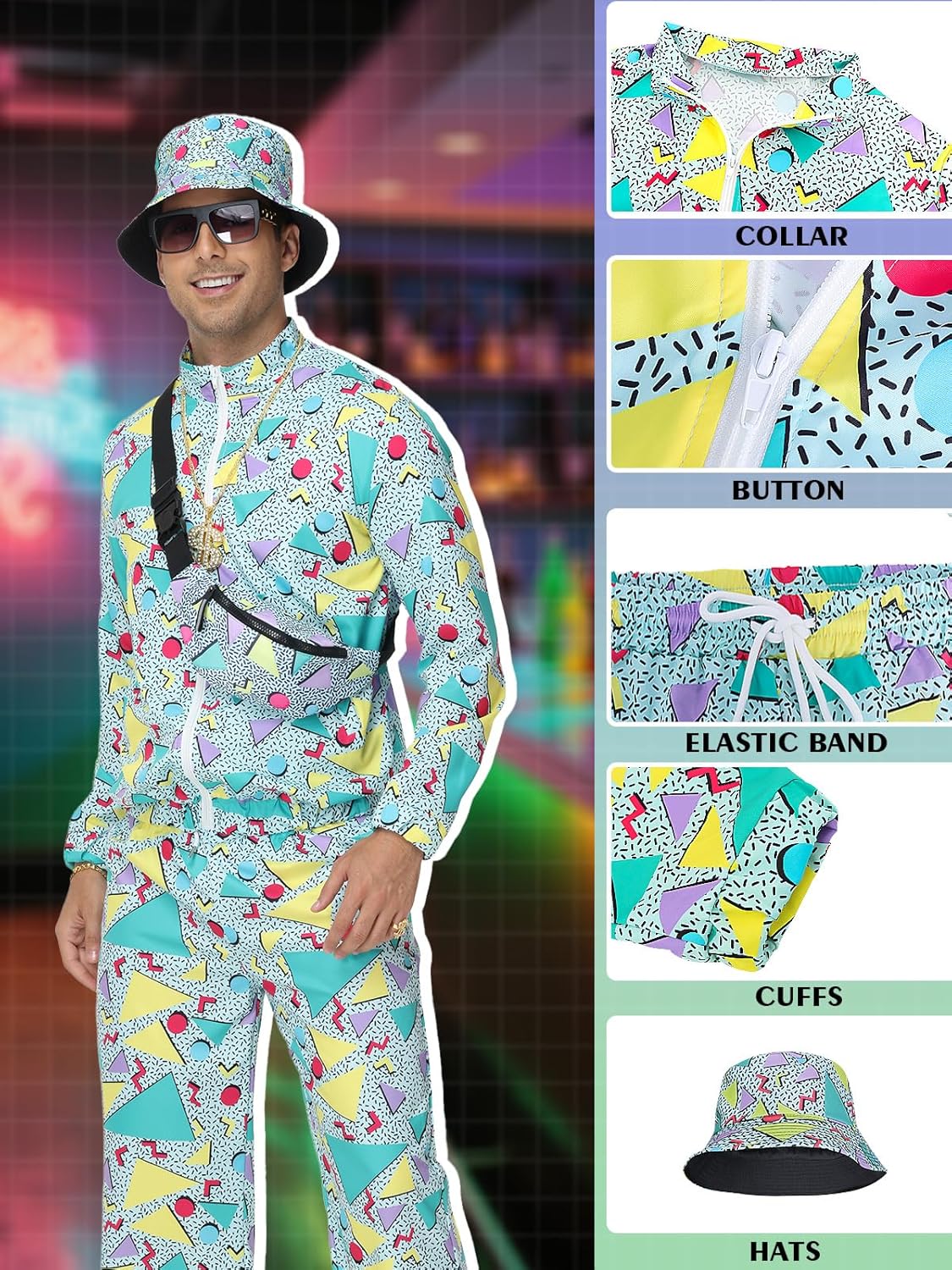 80s 90s Outfit Sets for Men, Retro Tracksuit Streetwear, Mens 80s Sportswear 9Pcs - Image 3