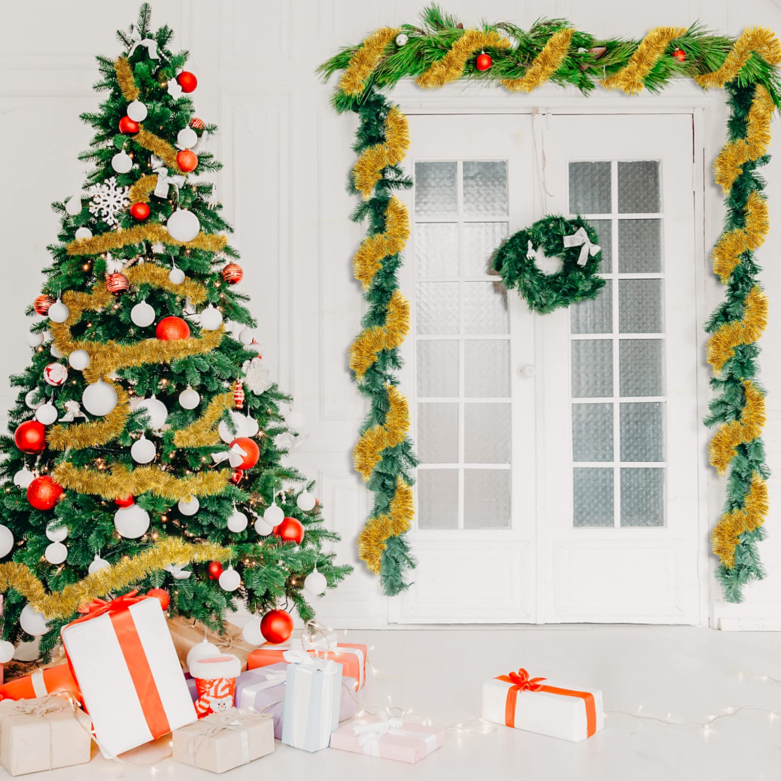 Ghirlanda Orpelli Natale 6 Pezzi Da 2m Argento - Decorazioni Per Albero, Scale E Casa, Fai Da Te - Foto 5