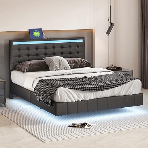 Base de cama flotante tamaño Queen con luces LED y carga USB, marco de cama LED de plataforma tapizada moderna, no necesita somier, fácil de montar