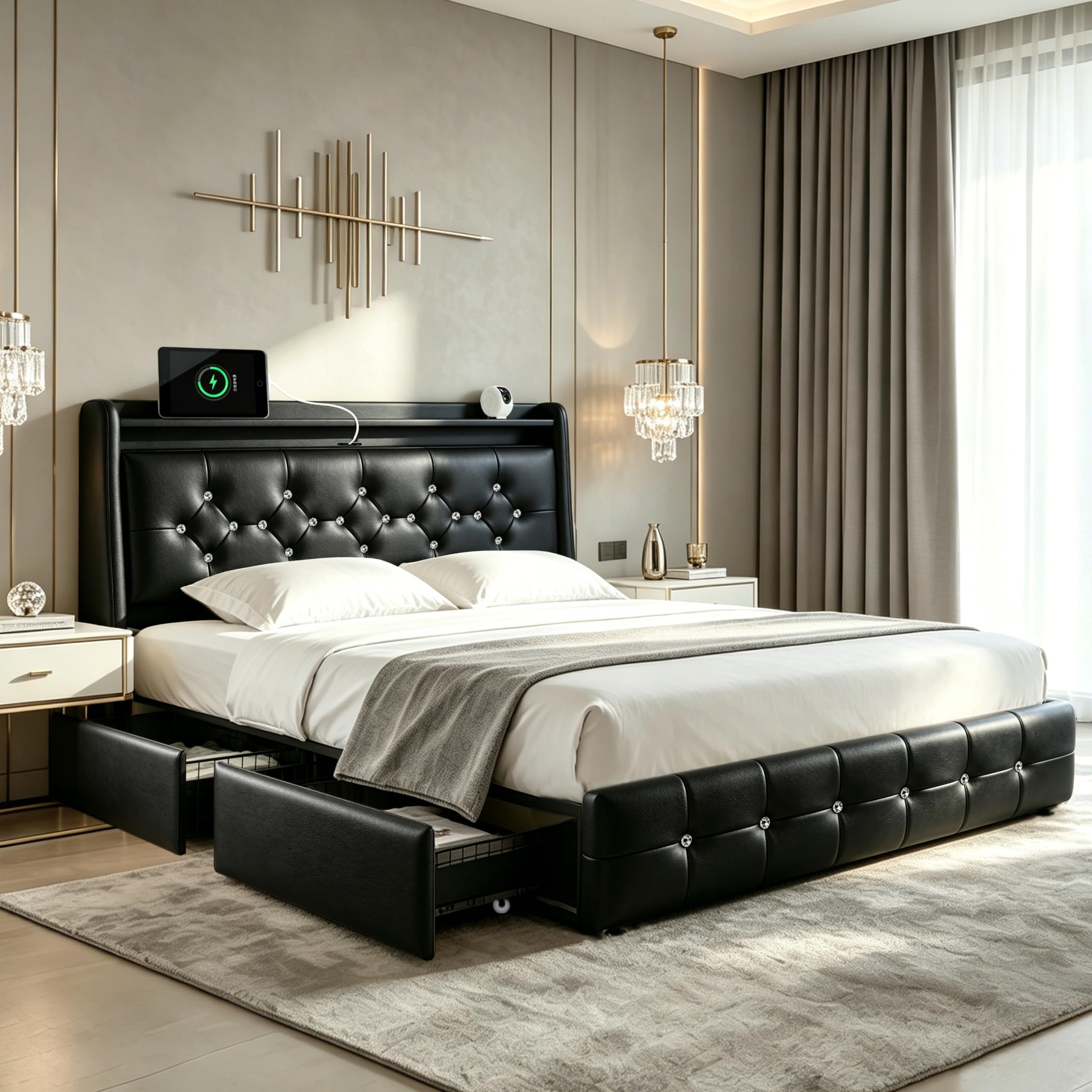 Schwarzer Bettrahmen mit Star-Projektor 160 x 200 cm, Leder | USB- & Type-C-Anschlüsse, gepolstertes Bett, Bluetooth-Star-Projektor, Lattenrost, Stauraum-Schubladen