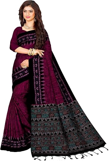 Quetzal Women’s Magenta Pure Cotton Sambalpuri Batik Print Saree with Unstitched Blouse – Lightweight Comfortable Saree fo...