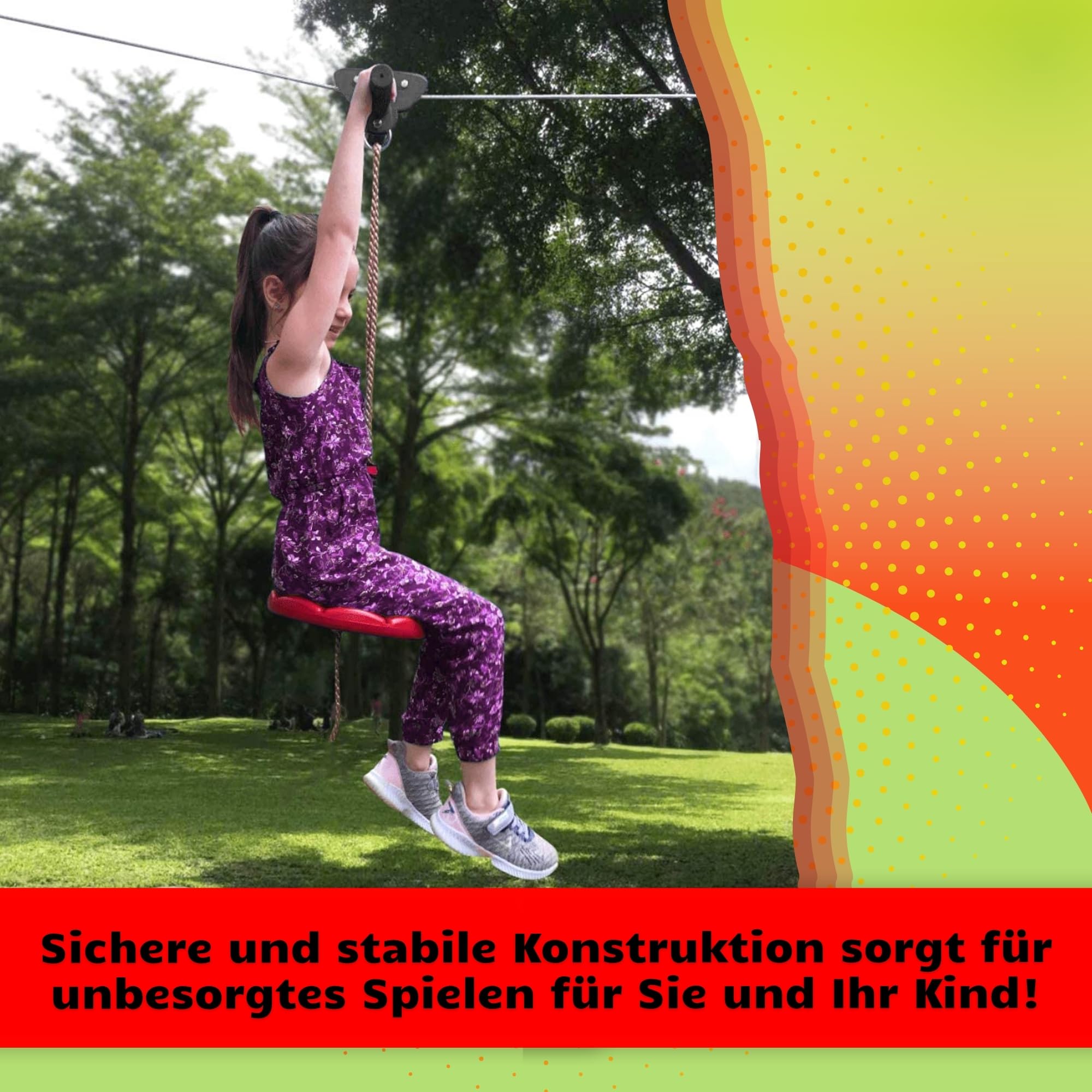 SPRINGOS Seilrutsche 30m für Kinder - Seilbahn Zipleine Set mit Rutschenwagen, Sitz, Sicherheitsbremse & Baumschutz - bis 120 kg - Klettergerät Outdoor