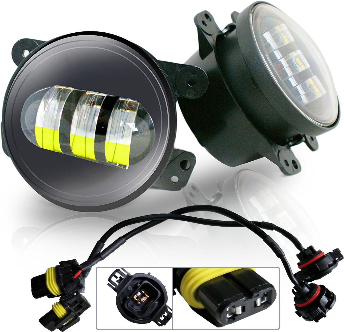 AUSI Pair 4 Inch Led Fog Lights Projector Lens Fits Jeep Wrangler JK CJ LJ LJ Dodge Chrysler Front Bumper With 9005/9006 to 5202/2504/H16 EU Conversion Adaptor Wiring Plug N Play