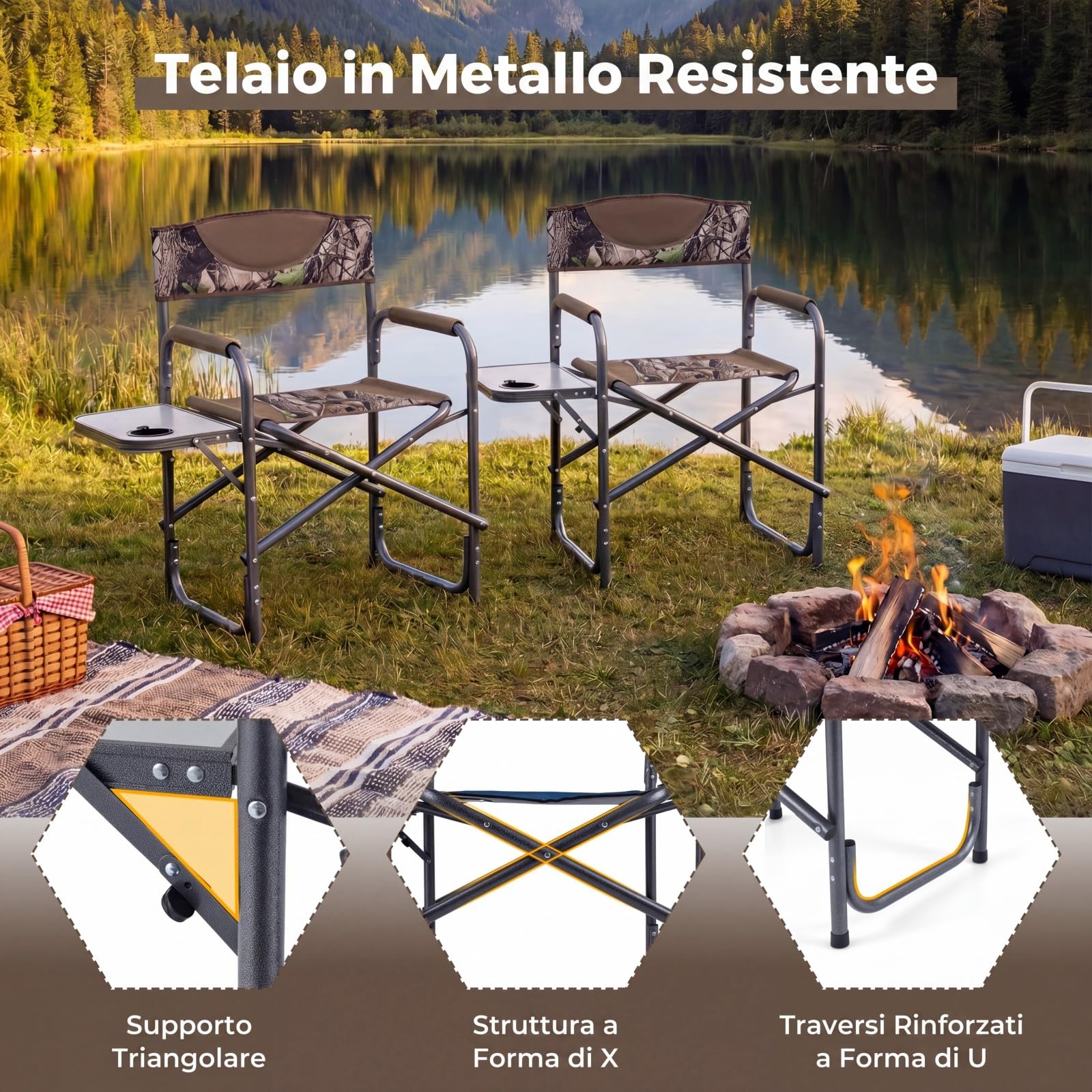 COSTWAY Sedia da Regista Imbottita con Tavolino, Ampio Sedile, Braccioli e Schienale, Sedia da Campeggio Pieghevole con Telaio Metallico per Eventi Sportivi e Pesca, Portata 180 kg (Mimetico)